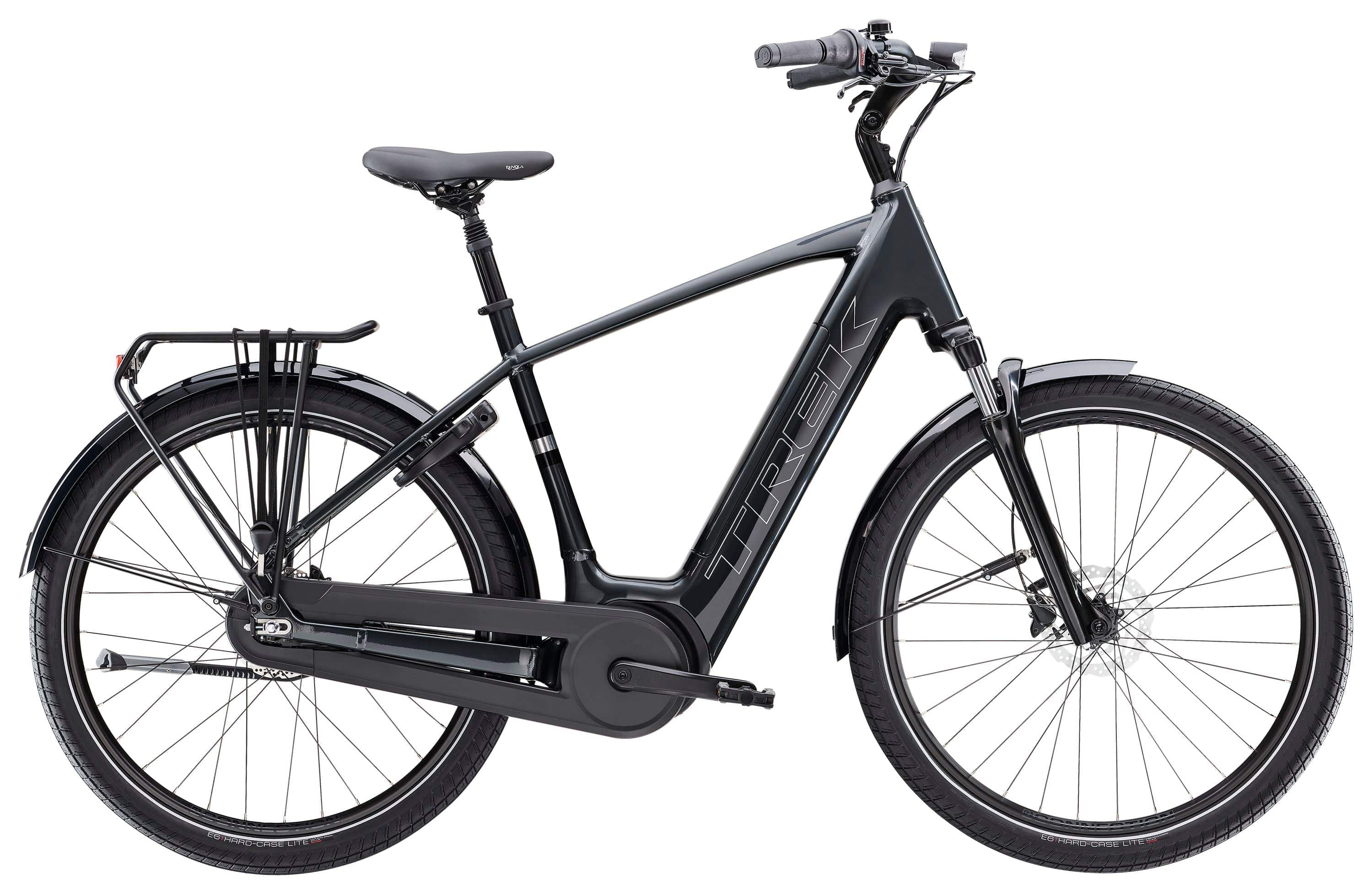 Trek District+ 3 2025 electric hybrid bike for men, urban commuting and leisure riding, with sleek frame and bike components visible
