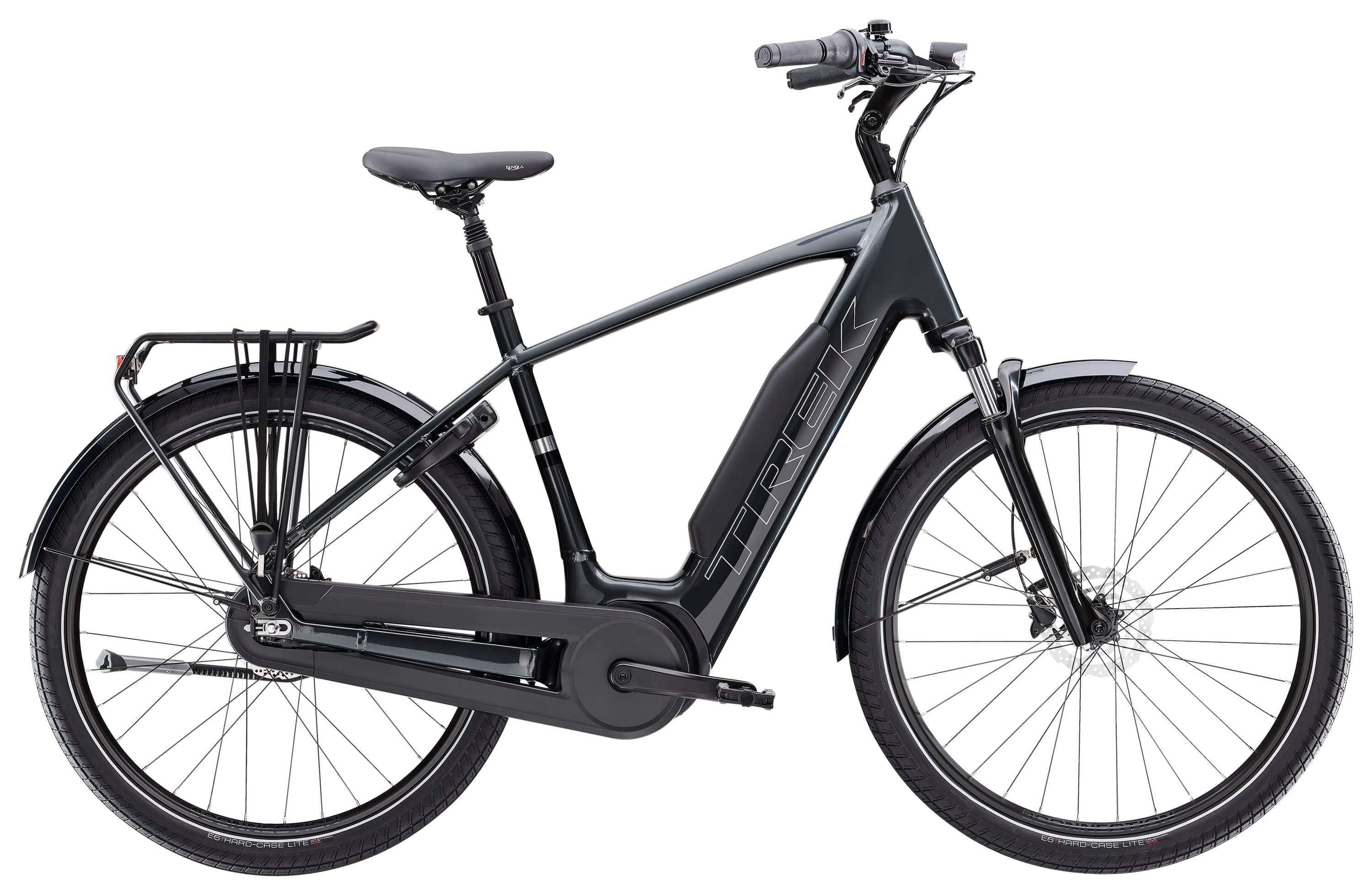 Trek District+ 3 2025 electric hybrid bike for urban commuting and leisure, featuring a sleek frame and integrated battery.