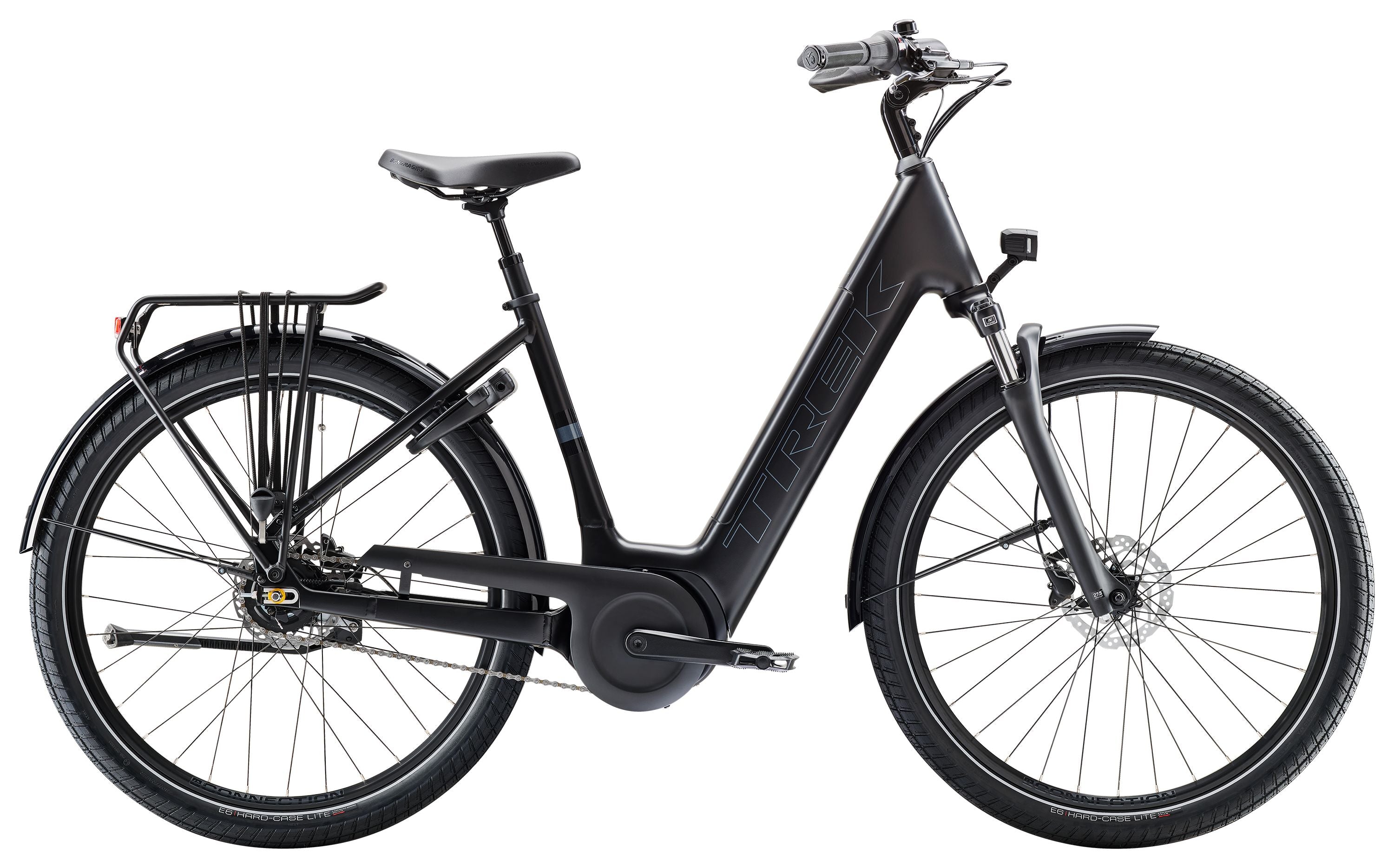 Trek District+ 4 Coaster Lowstep electric hybrid bike for women with Bosch motor, black frame, and comfortable step-through design.