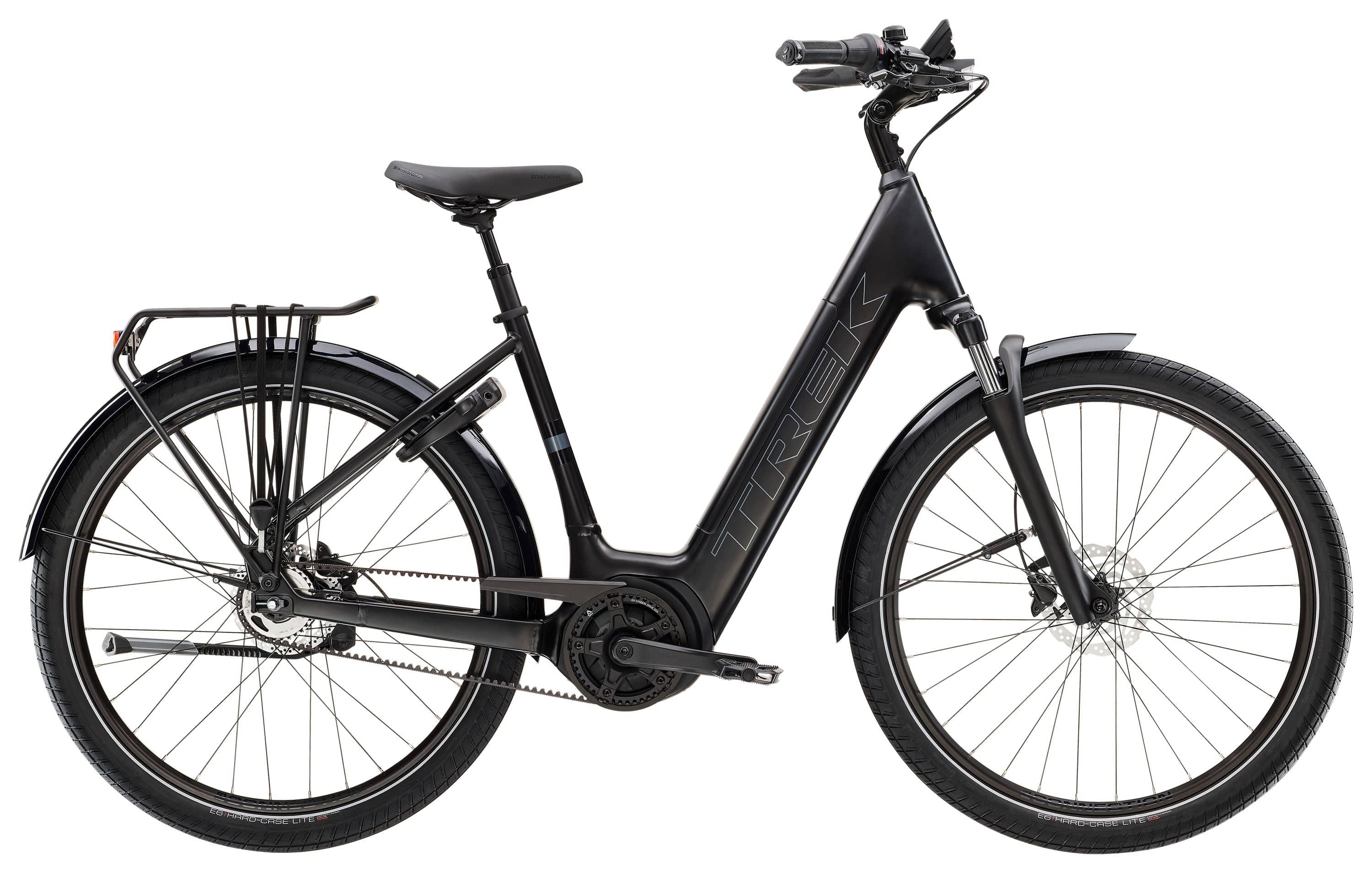 Trek District+ 4 Coaster Belt Lowstep electric bike with Bosch Smart System and Gates belt drive, shown from the side.