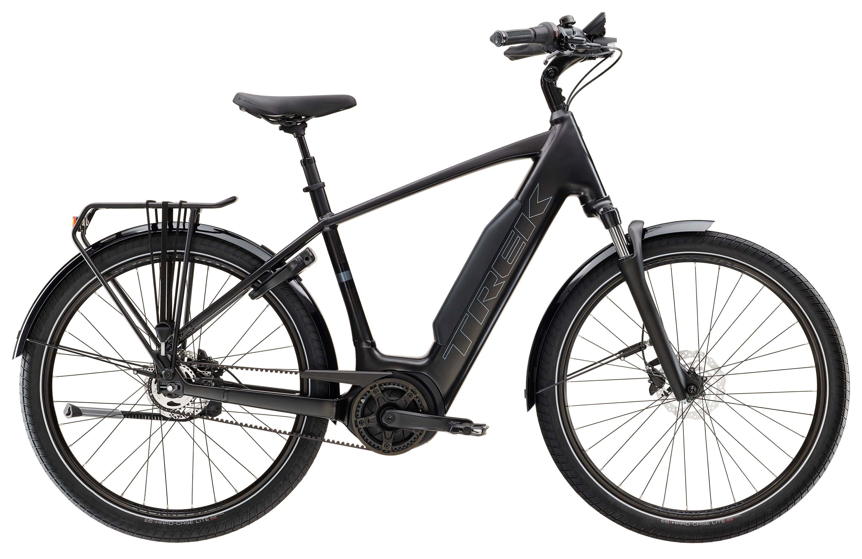 Trek District+ 4 electric hybrid bike for men, featuring a sleek frame, 725Wh battery, suitable for urban commuting and versatile riding.