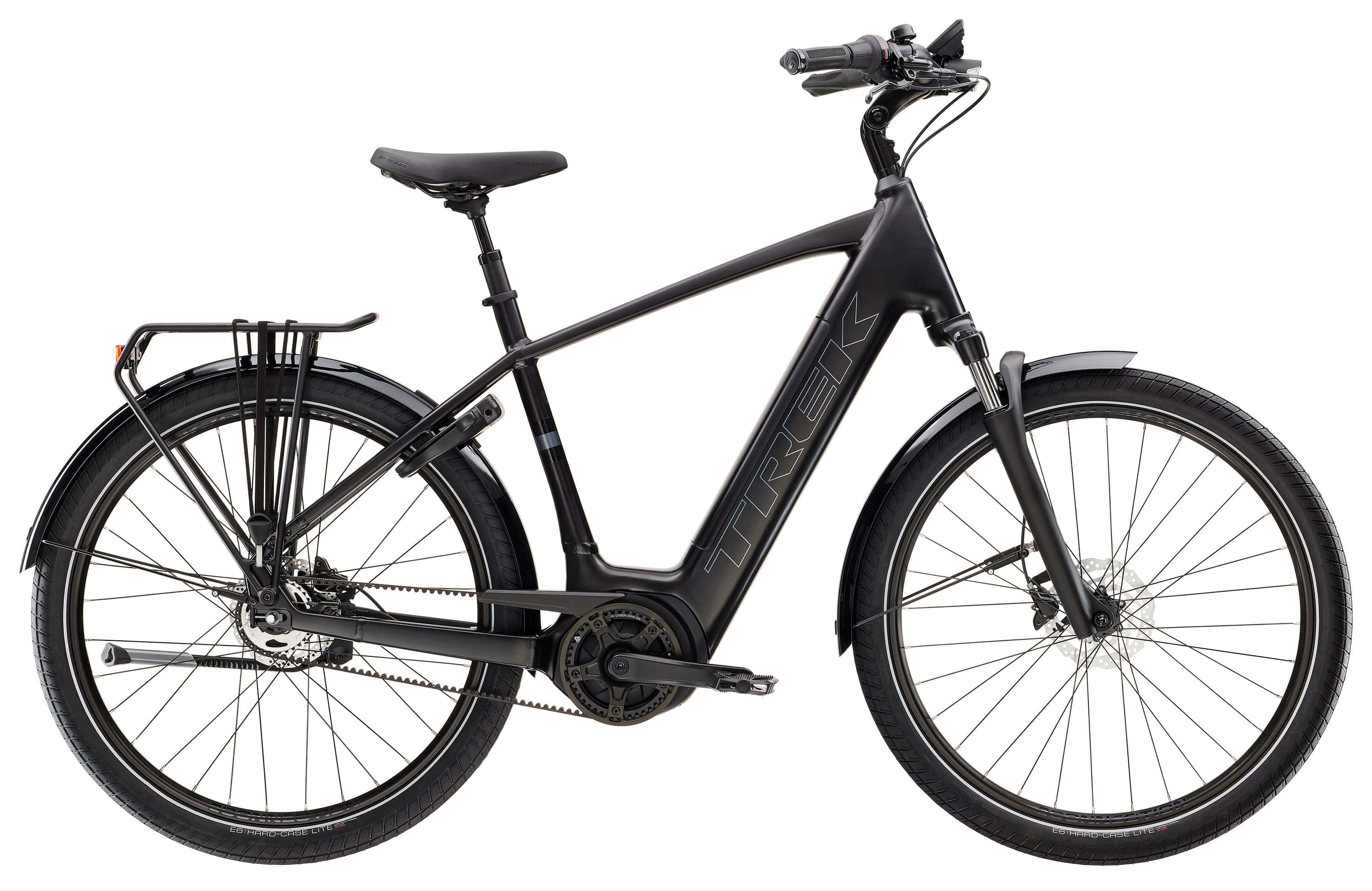 Trek District+ 4 electric hybrid bike for urban commuting, featuring a sleek frame and built-in motor for versatile riding.