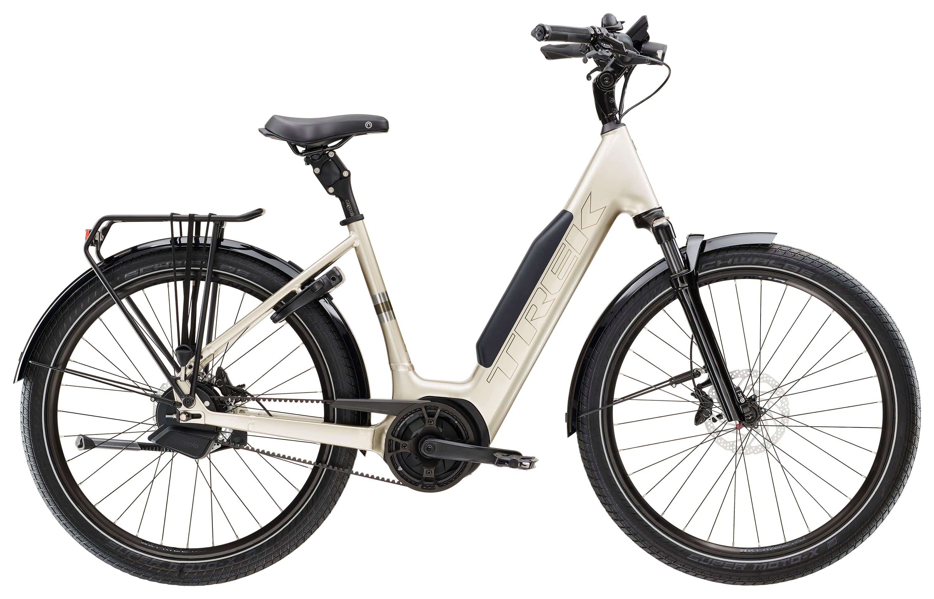 Trek District+ 5 Lowstep 2025 urban commuter e-hybrid bike with a sleek frame and integrated battery, designed for city riding.