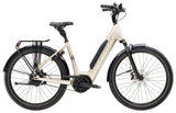 Trek District+ 5 Lowstep 2025 urban commuter e-hybrid bike with a sleek frame and integrated battery, designed for city riding.