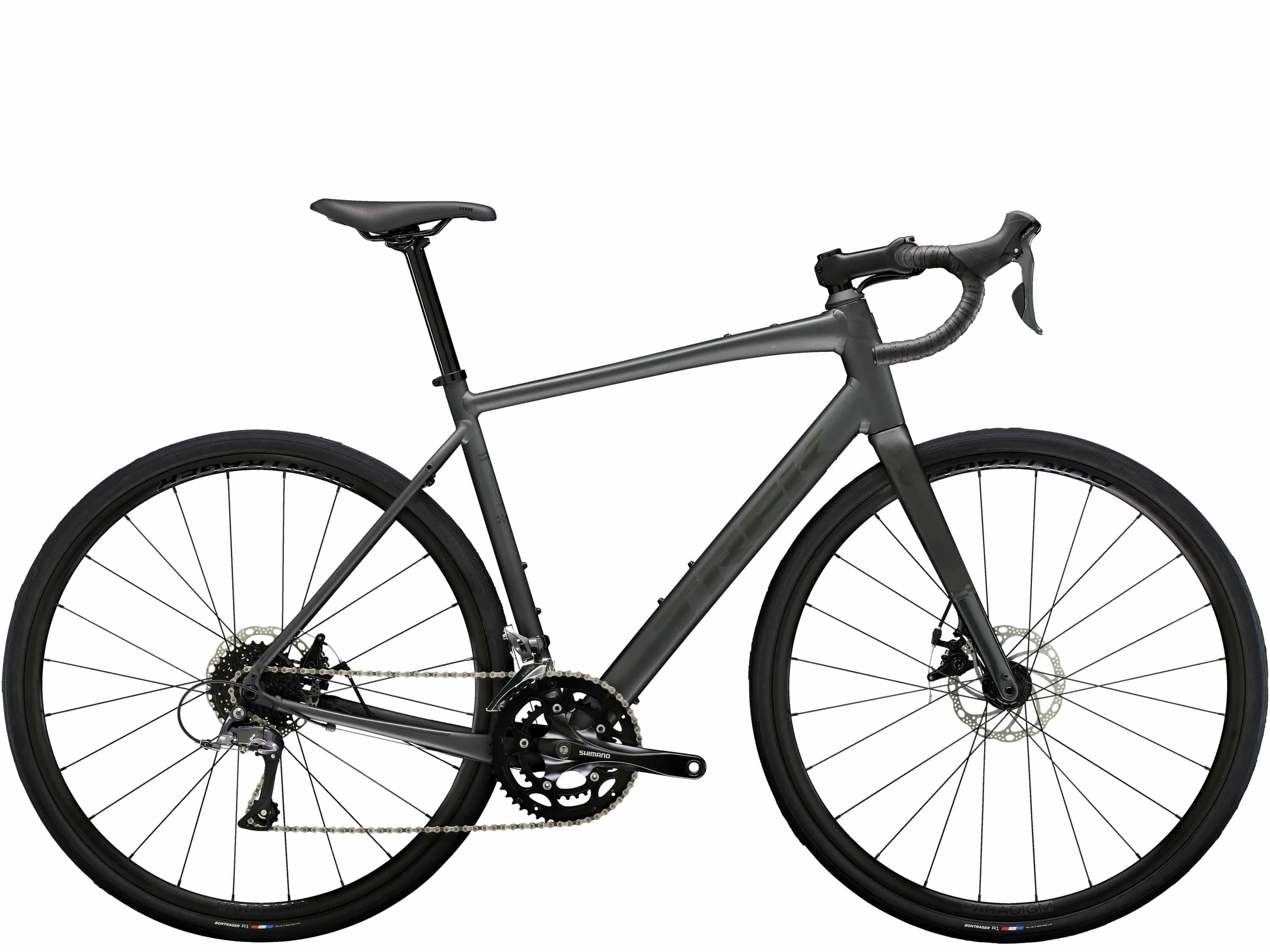 Trek Domane AL 2 Gen 4 road bike with Shimano Claris 8-speed drivetrain and disc brakes, shown from the side on a road.