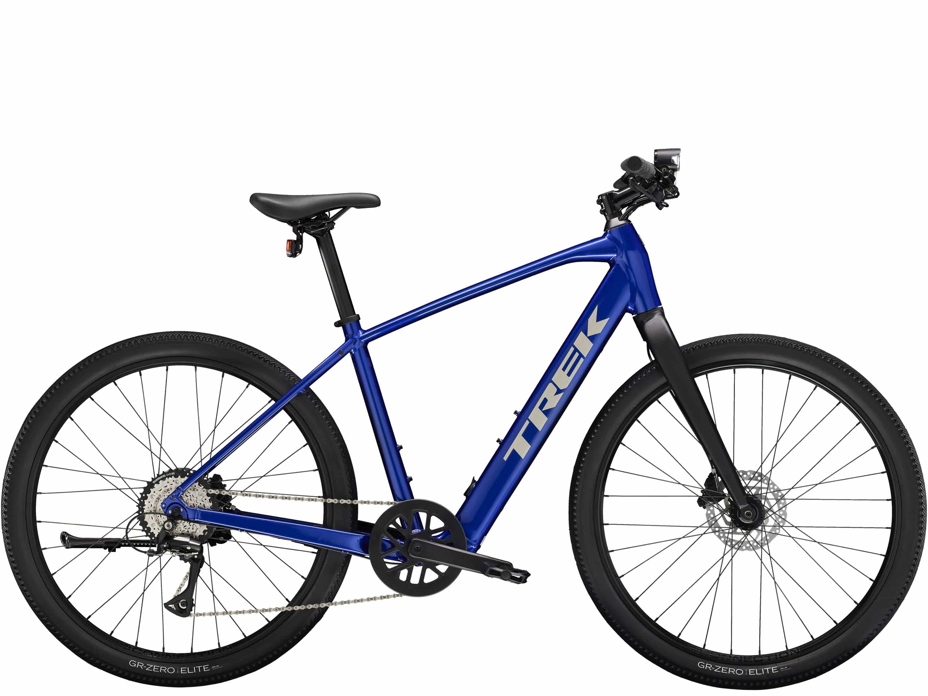 Trek Dual Sport+ 2 LT electric hybrid bike for urban and trail riding, black and silver frame with ergonomic handlebars and tires