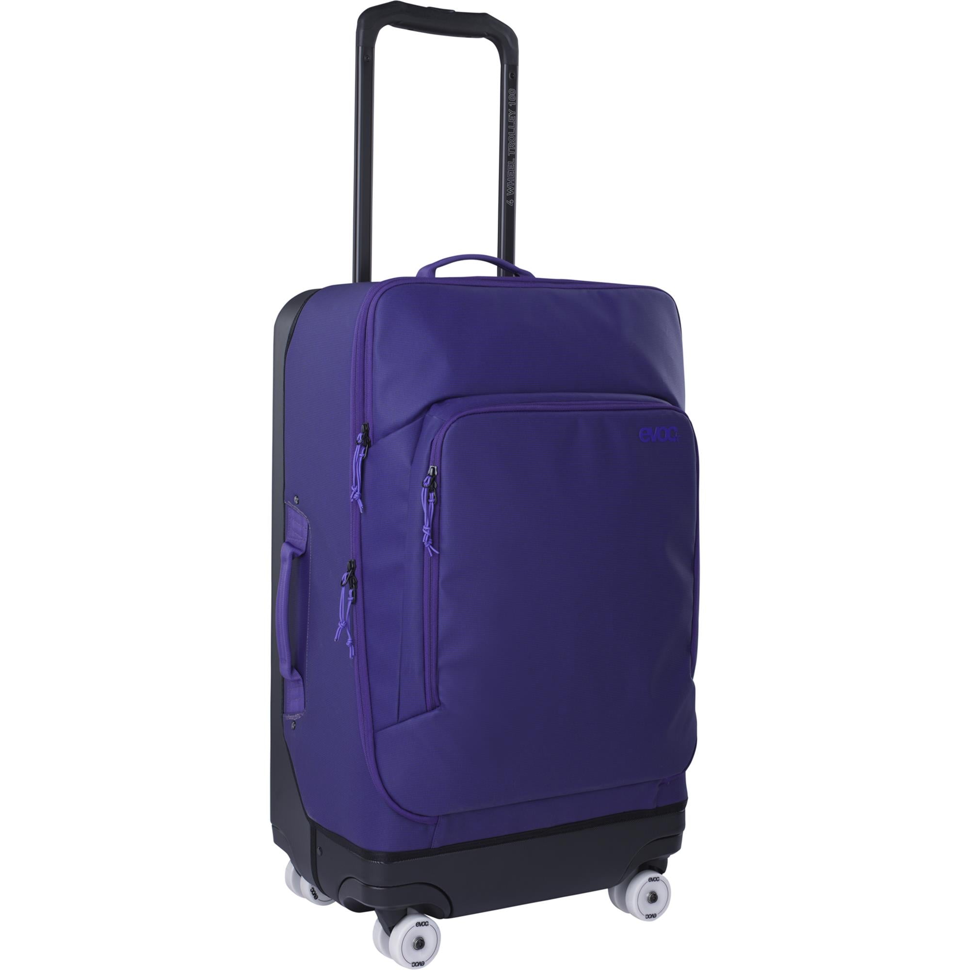 EVOC 4-wheel trolley with 100L capacity, replaceable skate wheels, and organizer for accessories, shown in black and gray.