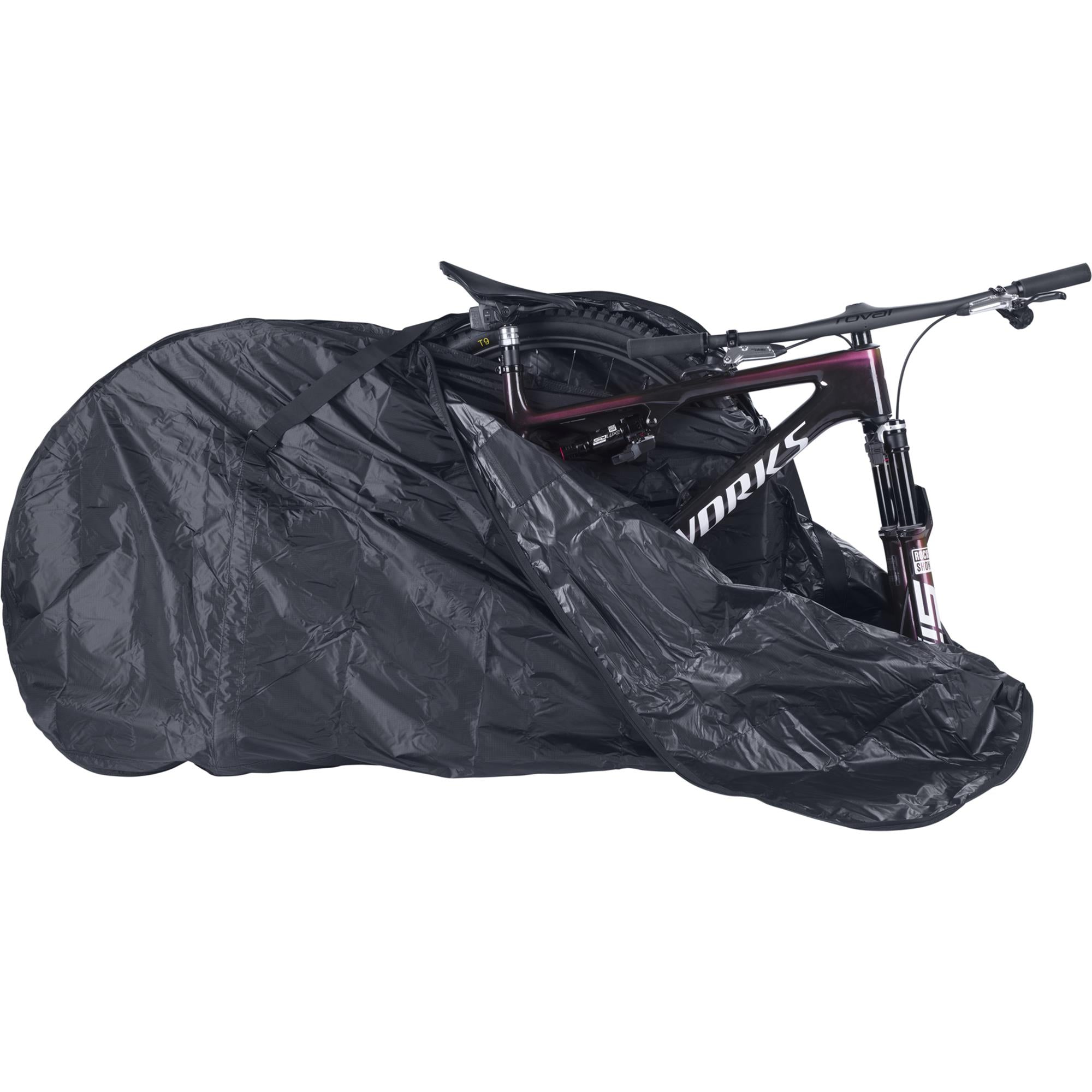 EVOC MTB bike cover made of durable ripstop fabric with disc brake and fork protection for 2026 mountain bikes.