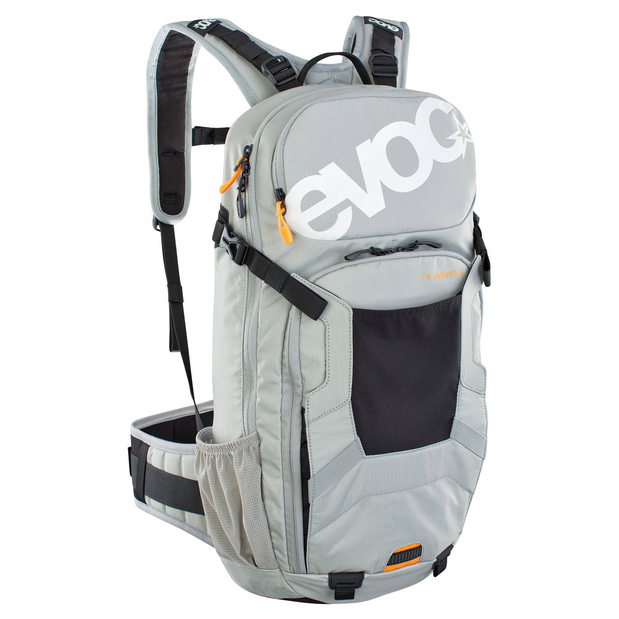 EVOC FR Enduro Protector Backpack with 16L capacity and LITESHIELD back protection, shown with adjustable straps and compartments.