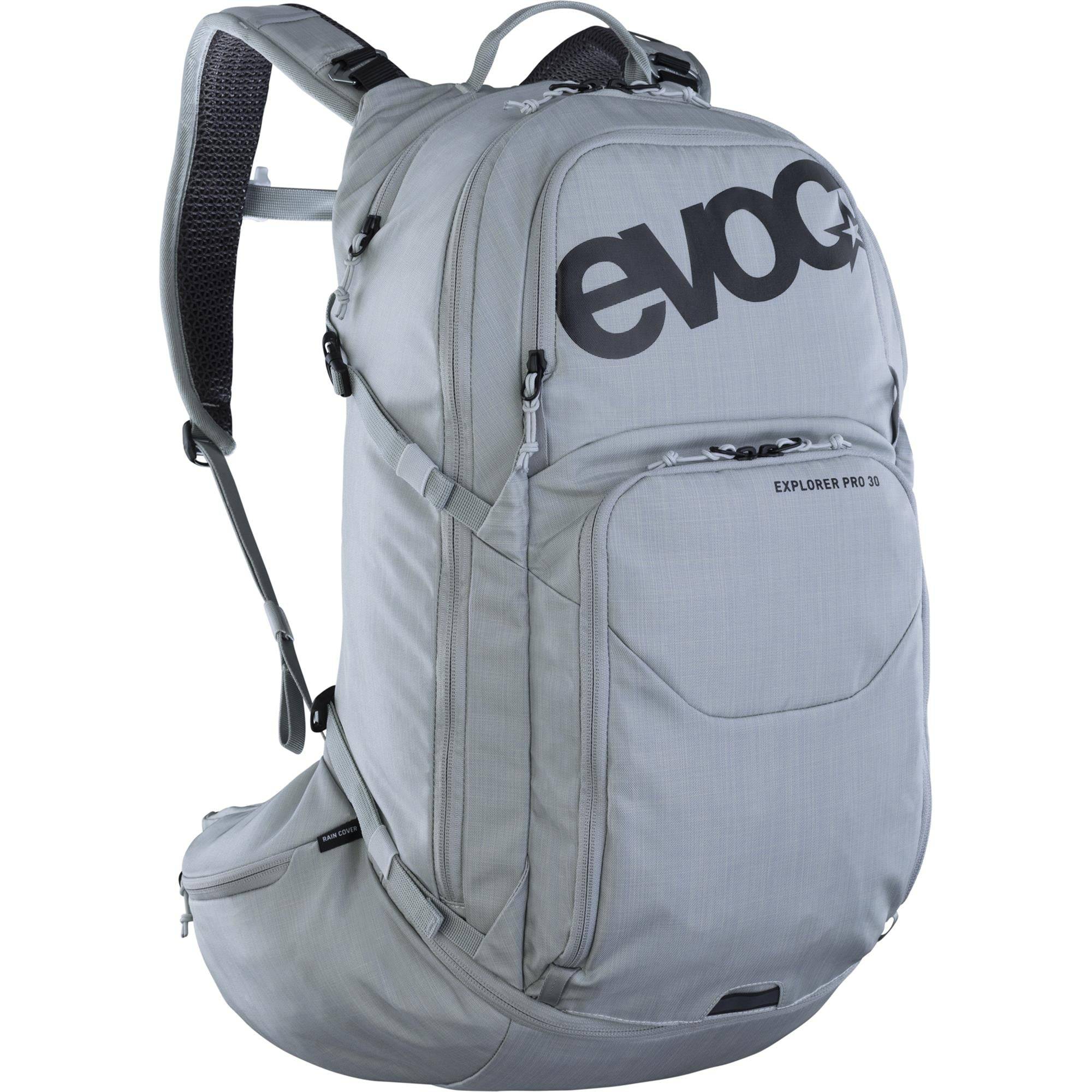 EVOC Explorer Pro 30L cycling backpack with hydration system and helmet holder, designed for performance and outdoor adventures.