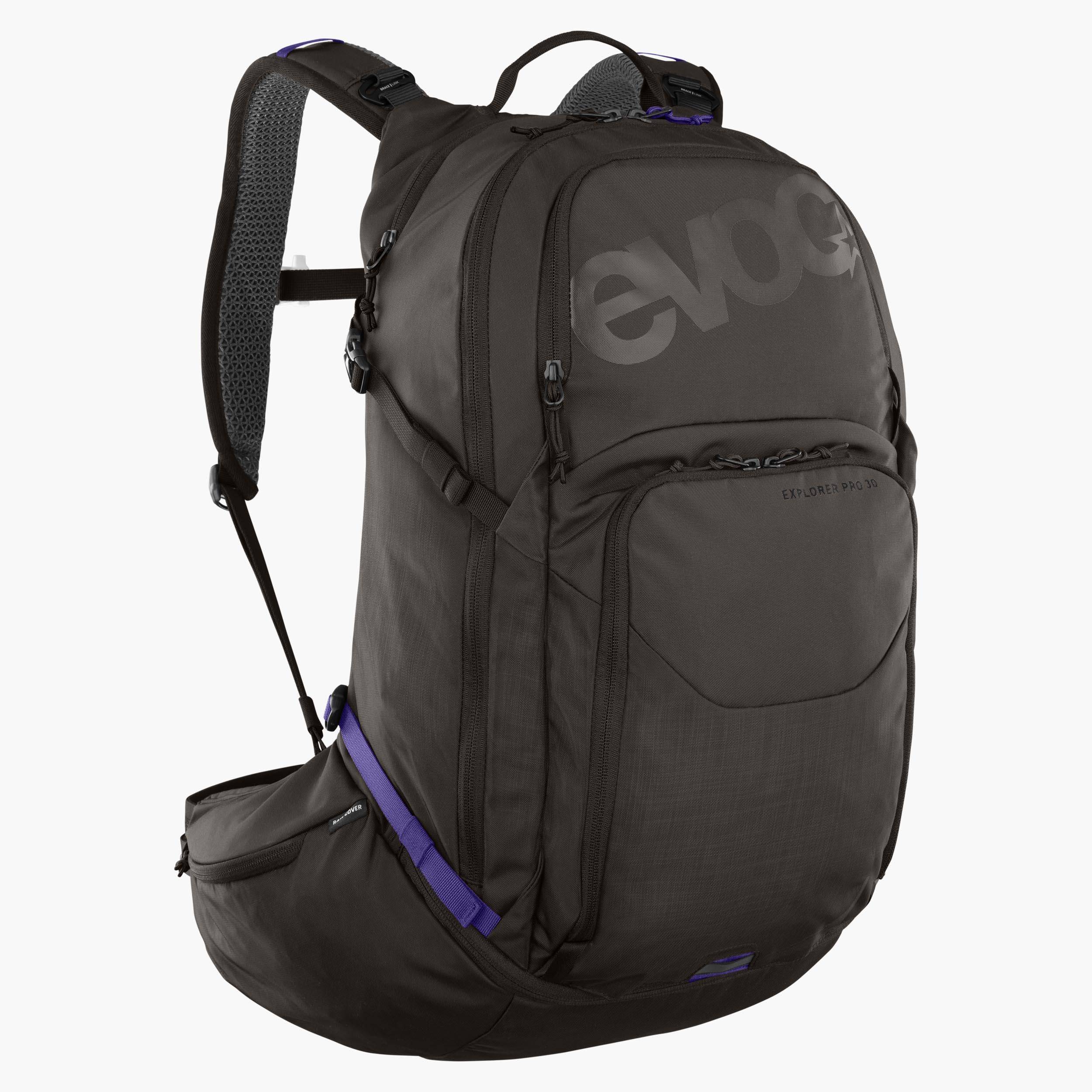 EVOC Explorer Pro 30L cycling backpack with hydration system and helmet holder, designed for performance and outdoor adventures.