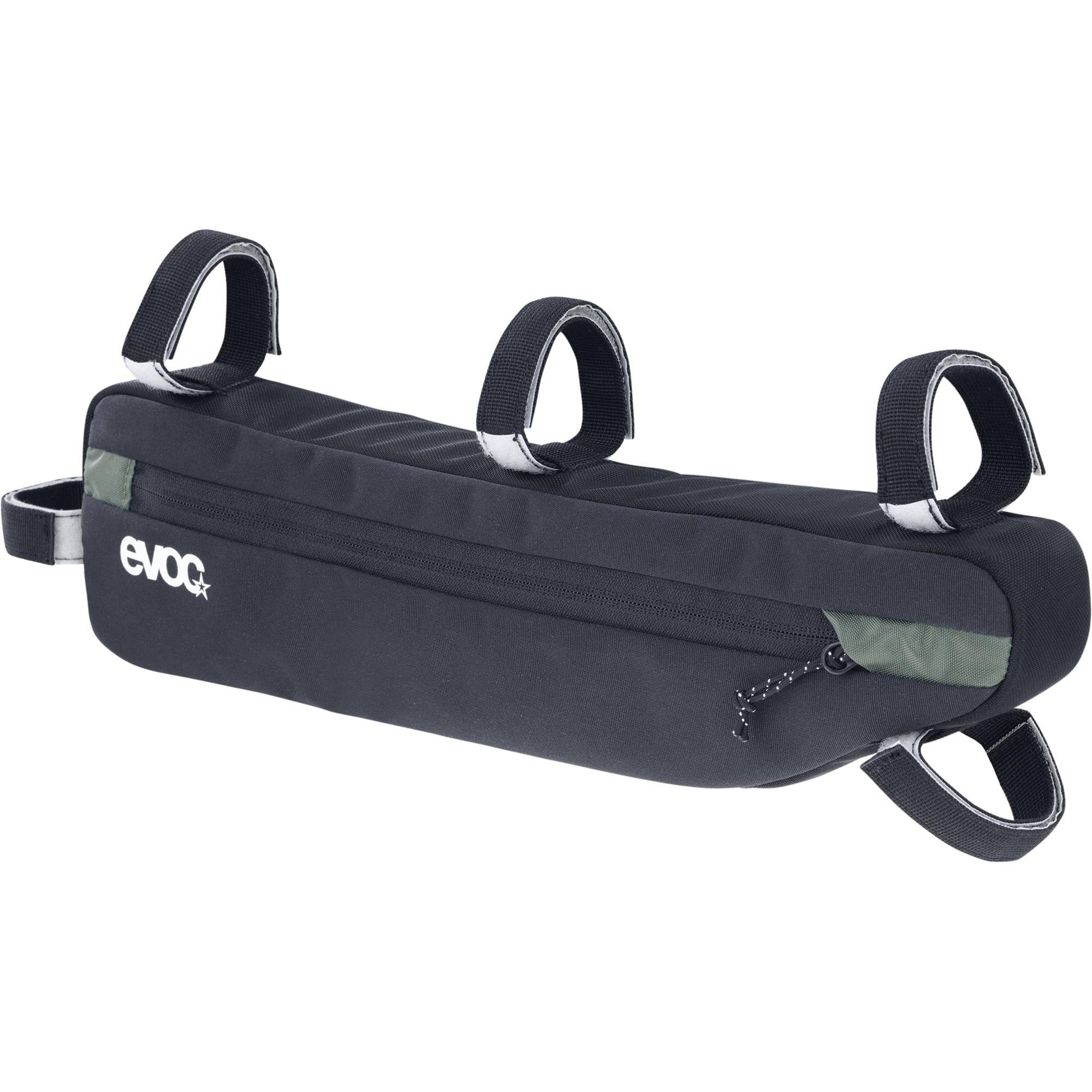EVOC Frame Pack for cycling with reflective accents, upcycled material, handlebar compatibility, and compact design for bike accessories.