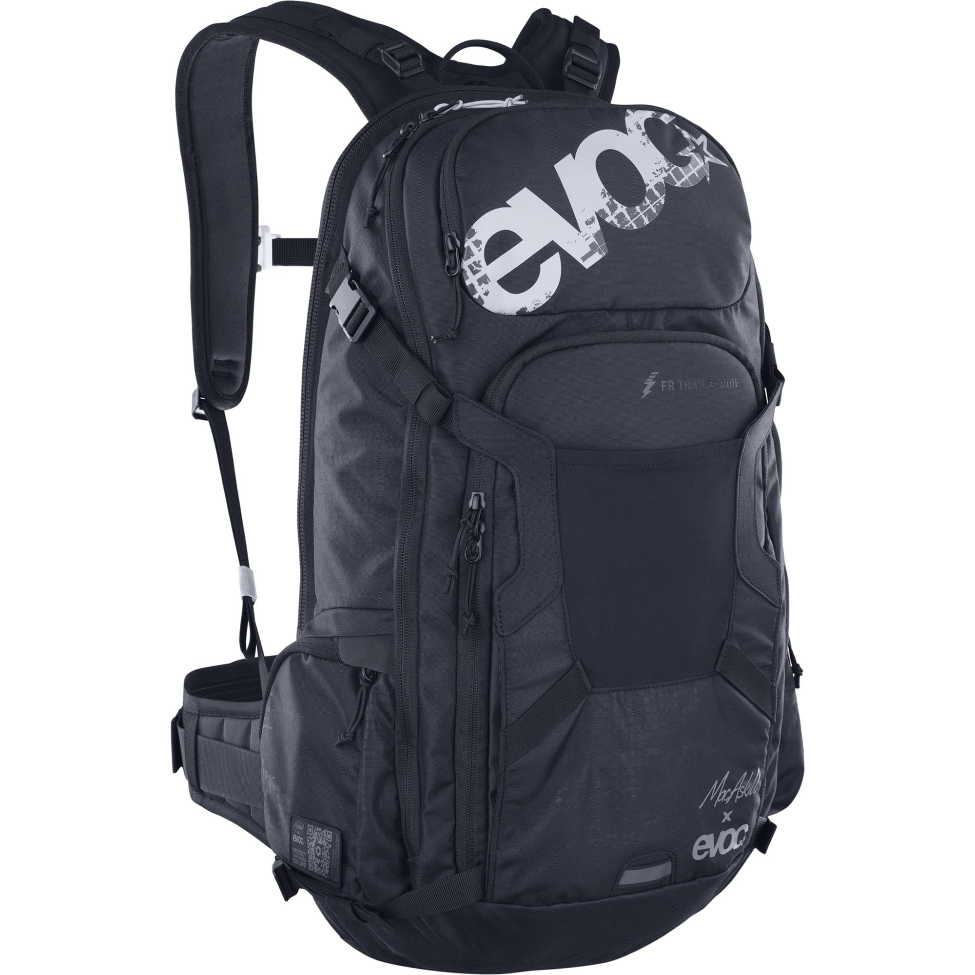 EVOC FR Trail E-Ride 20 backpack with LITESHIELD back protector designed for e-MTB riding, shown in black with shoulder straps