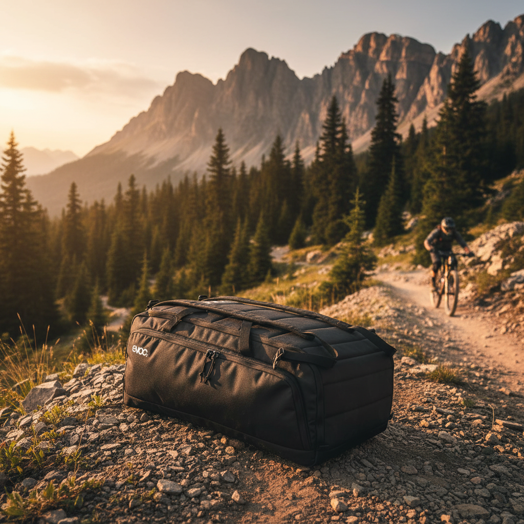 Black duffel bag on a mountain path with a cyclist in the background