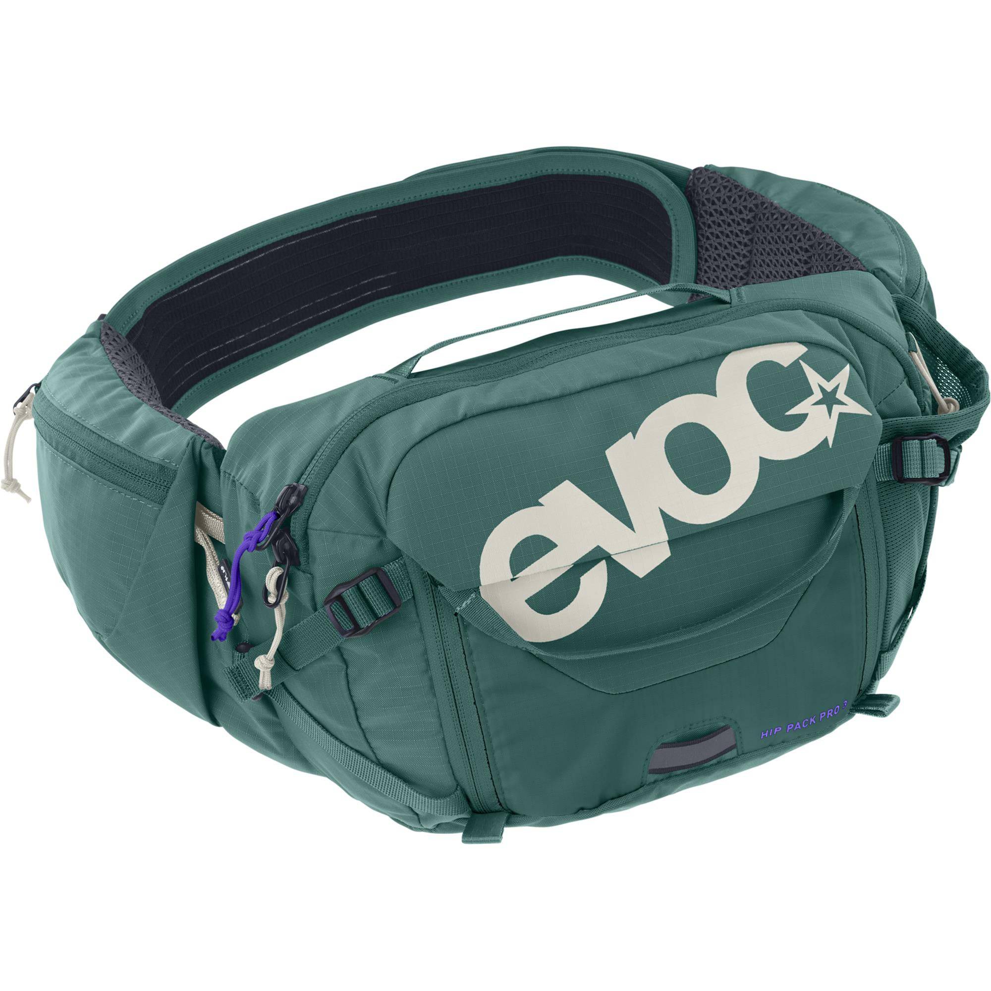 EVOC Hip Pack Pro 3L outdoor lumbar pack with 1.5L hydration bladder, compact accessories for active outdoor adventures.