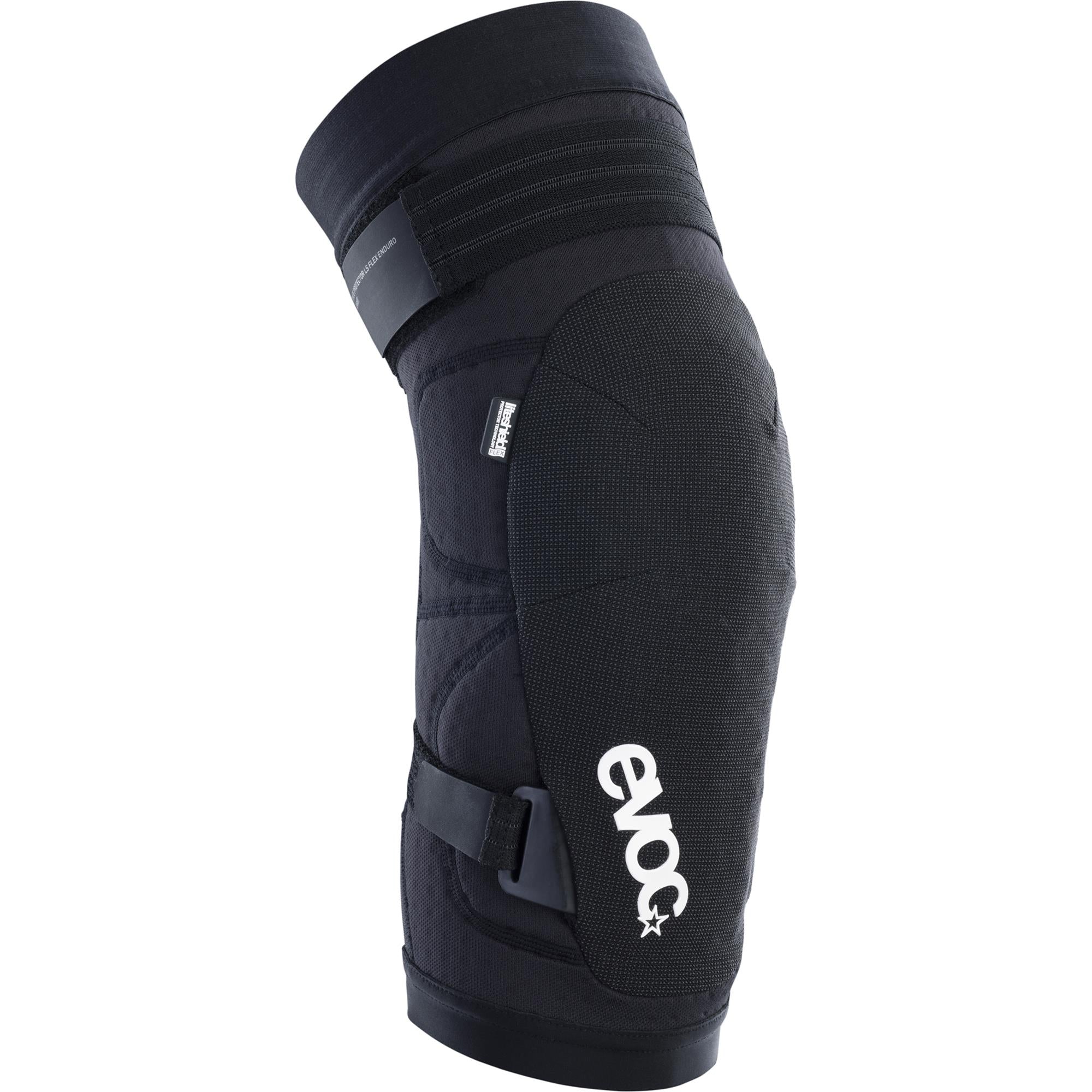 EVOC LS Flex Enduro Knee Protector with Level 2 impact protection, showing adjustable straps and durable protective padding.