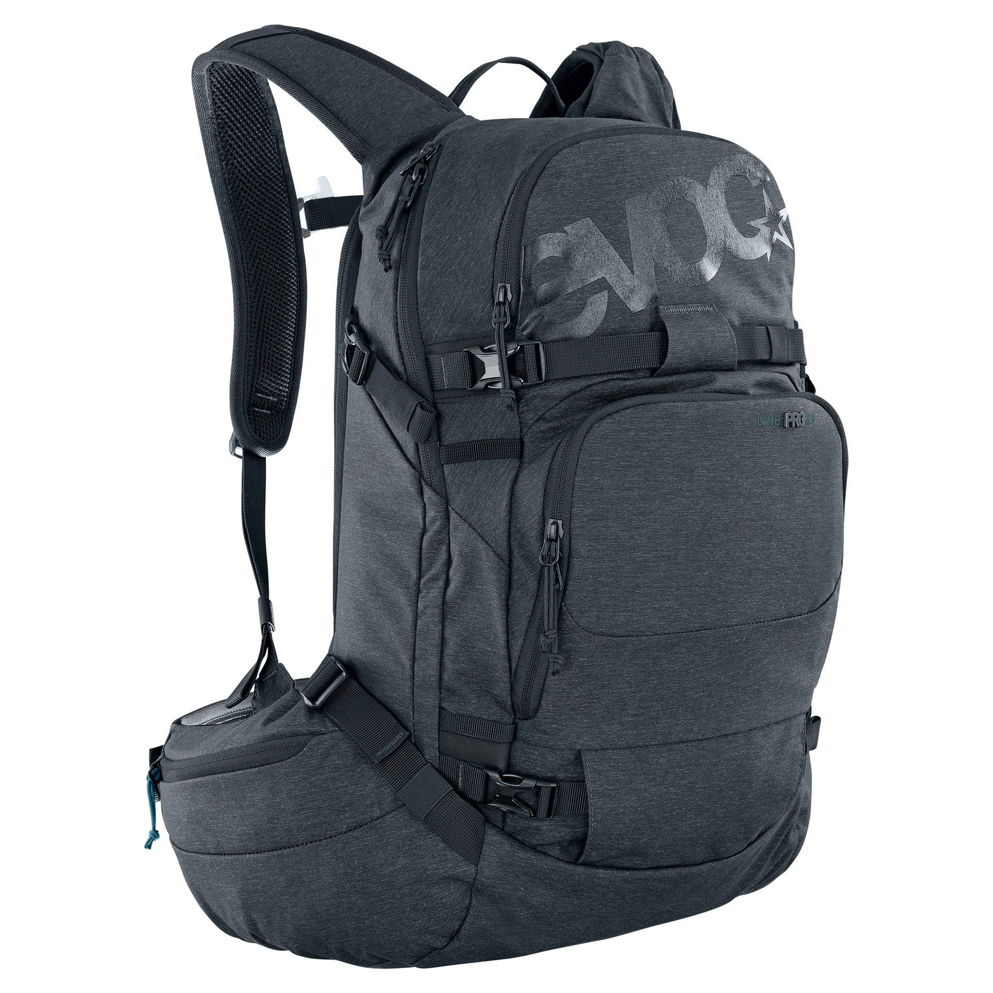 EVOC Line Pro backpack with LITESHIELD PLUS spinal protection, ski and snowboard attachments, and multiple accessory compartments.