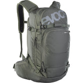 EVOC 30L Line Backpack with avalanche gear pockets and hydration system, black with adjustable straps and multiple compartments.