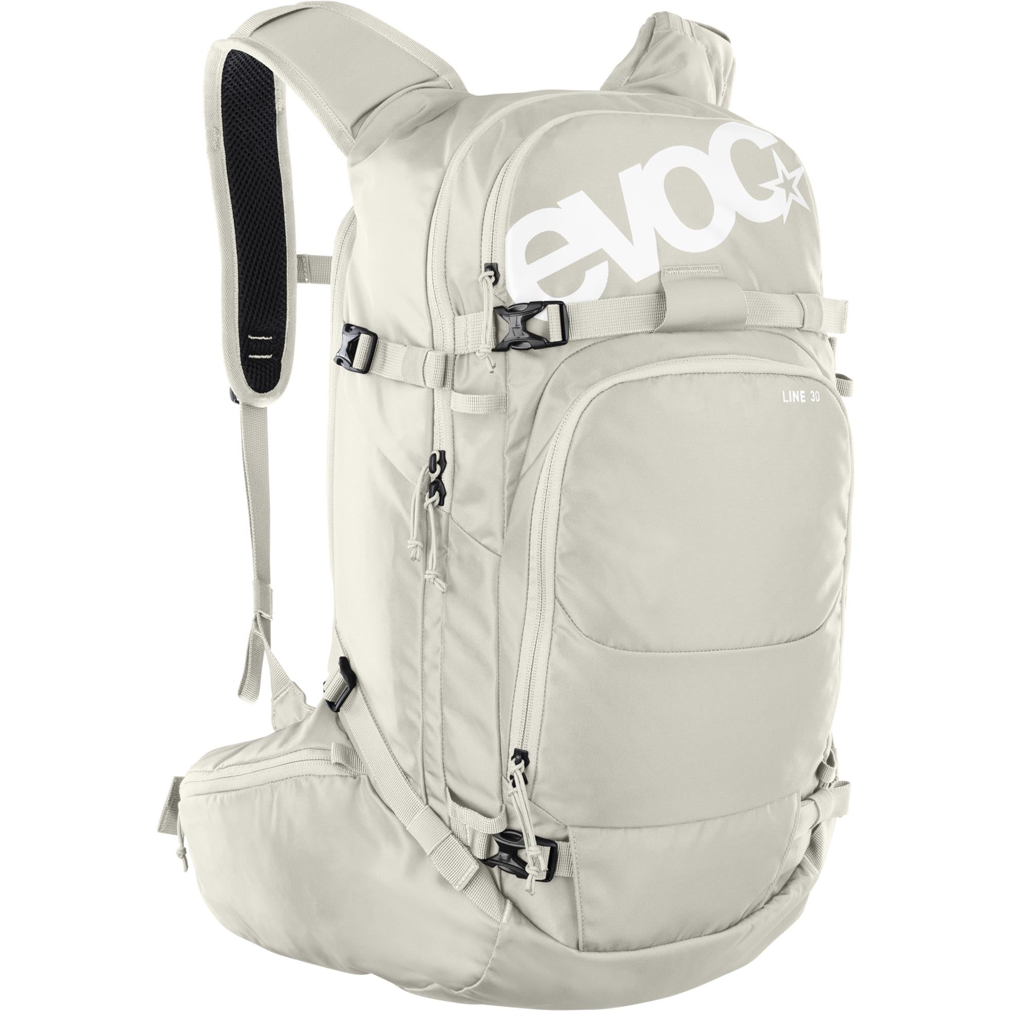 EVOC 30L Line Backpack with avalanche gear pockets and hydration system, designed for outdoor adventures and mountain sports.