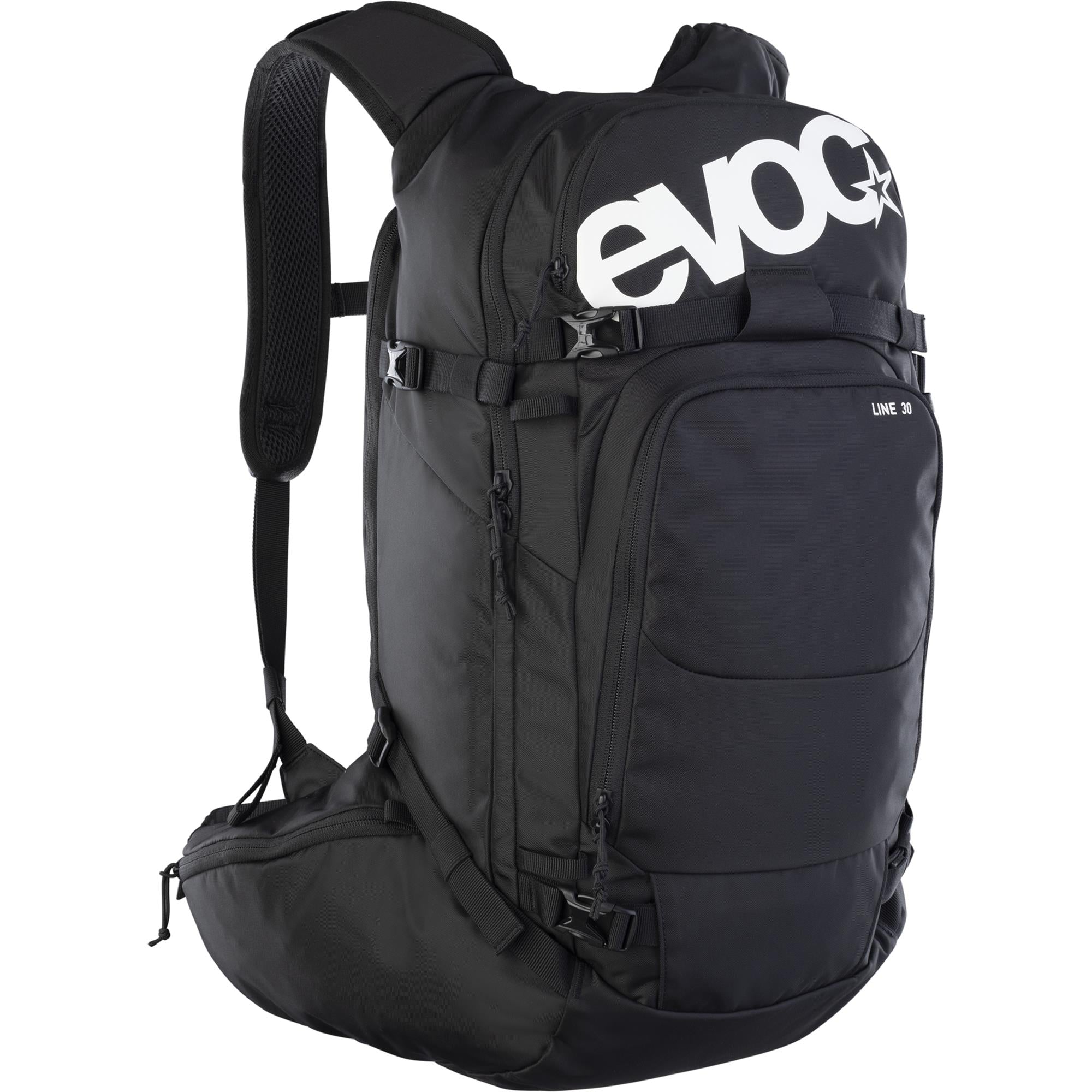 EVOC 30L Line Backpack with avalanche gear pockets and hydration system, outdoor accessories for skiing and snowboarding.