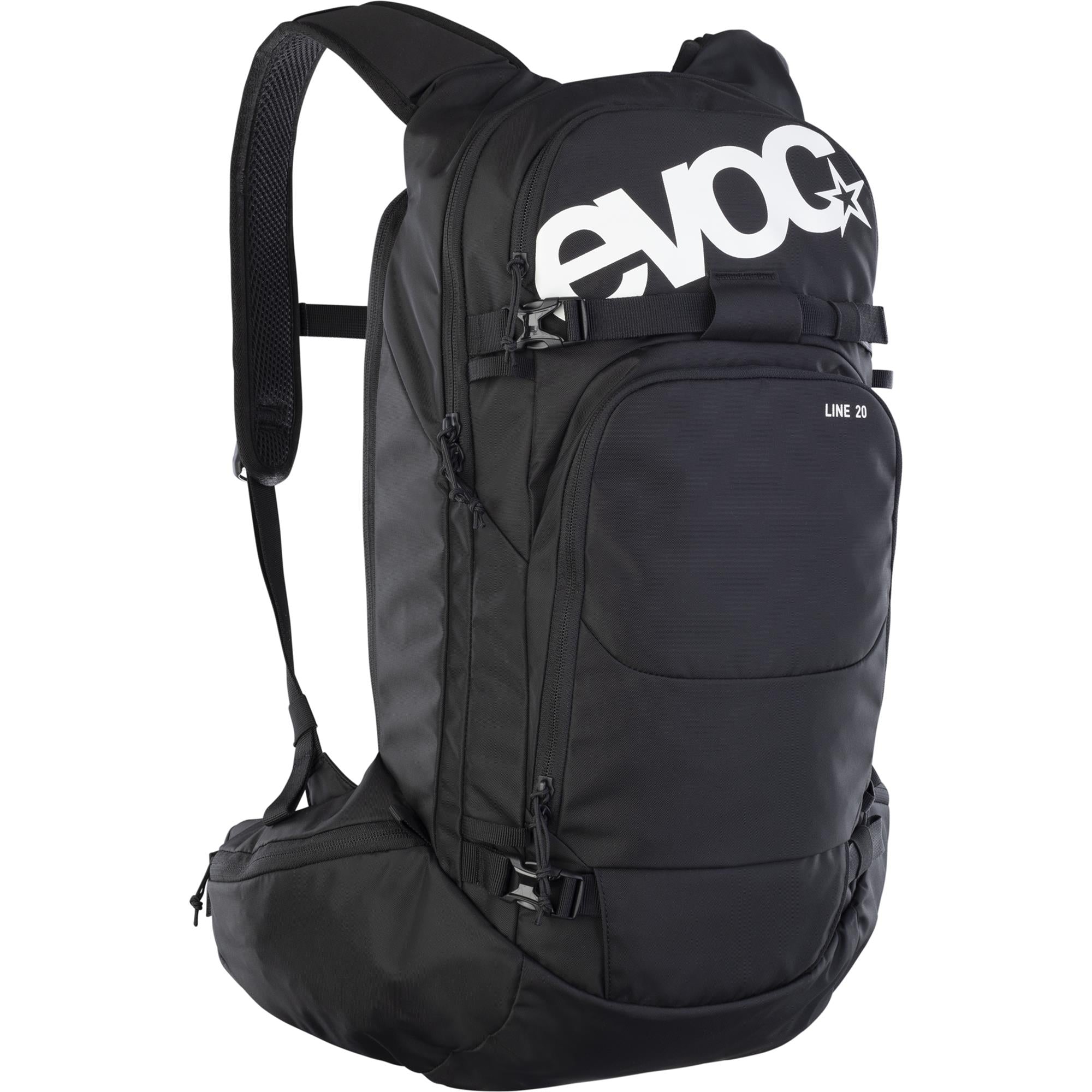 EVOC Line Bag backpack with avalanche pocket, hydration system, and ski carry straps for outdoor skiing and snowboarding adventures.