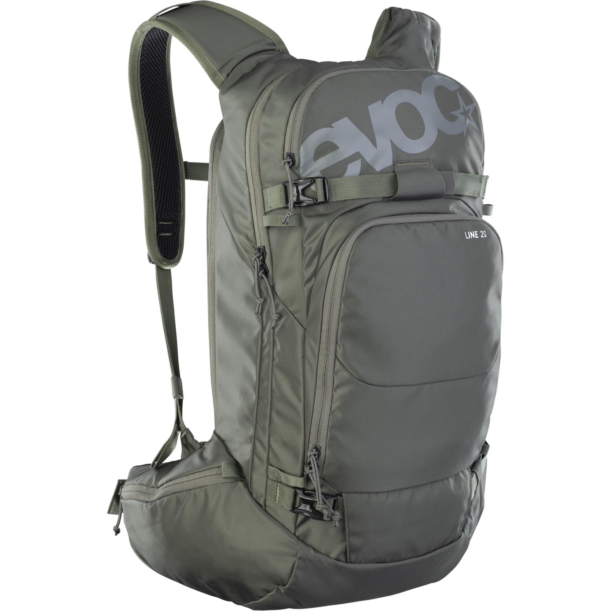 EVOC Line Bag backpack with avalanche pocket, hydration system, and ski carry for outdoor skiing and snowboarding adventures.