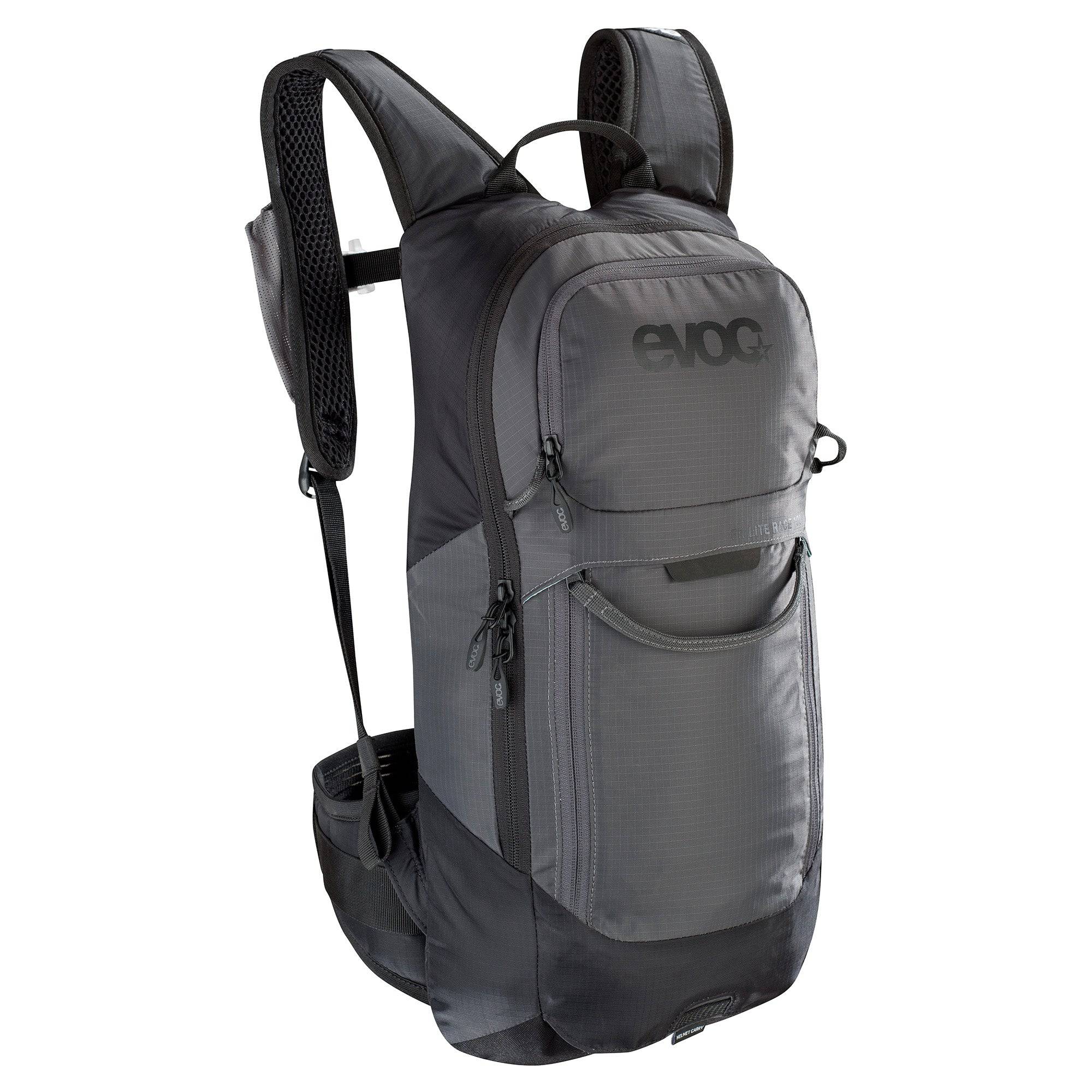 EVOC FR Lite Race Protector Backpack with LITESHIELD shock absorption and ventilation, showing padded straps and protective back panel.