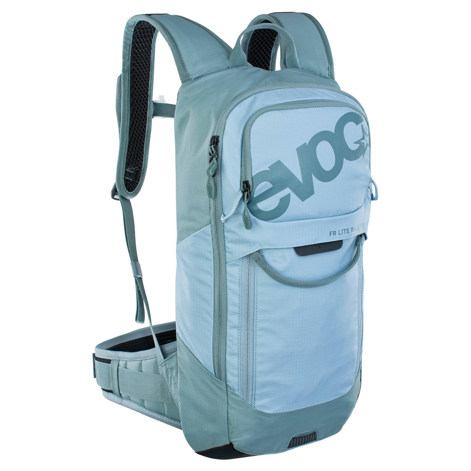 EVOC FR Lite Race Protector Backpack with LITESHIELD shock absorption and ventilation system, designed for cycling accessories.