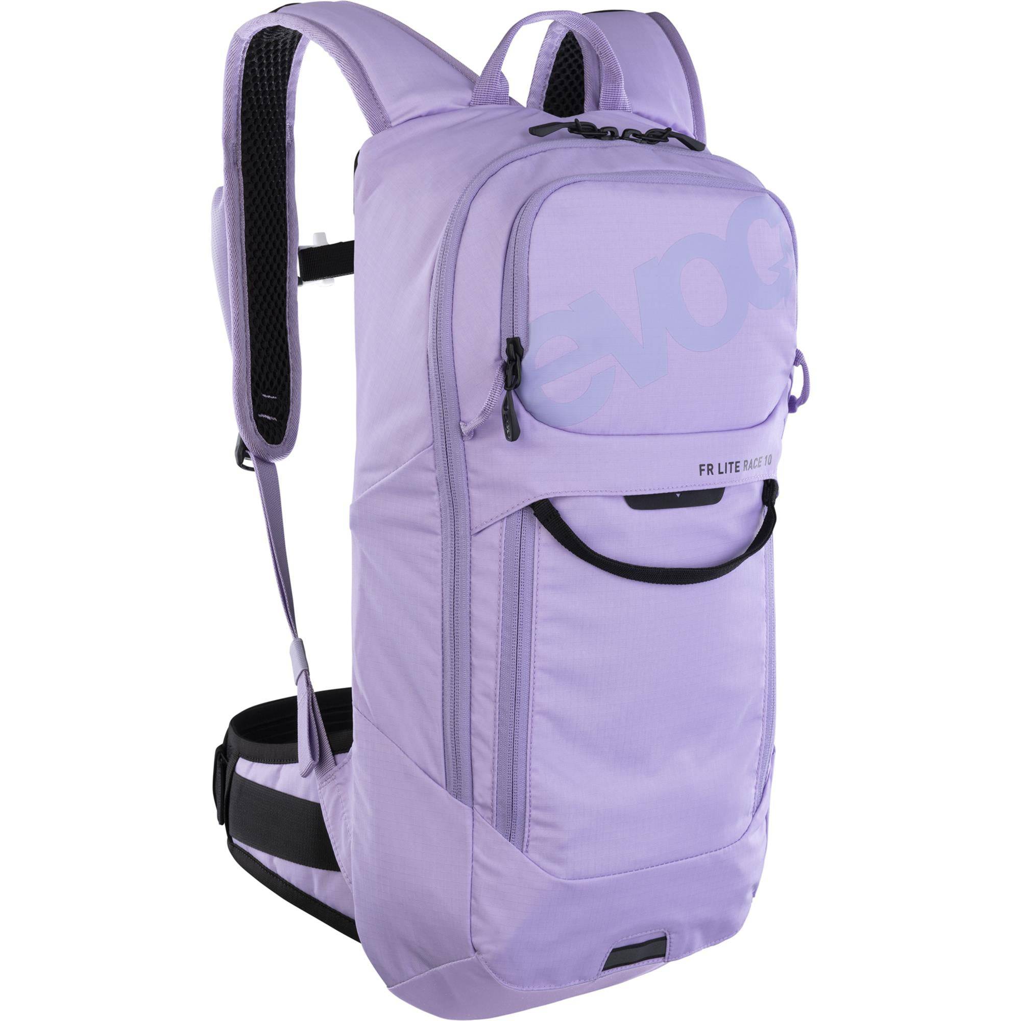 EVOC FR Lite Race Protector Backpack with LITESHIELD shock absorption and ventilation, shown with adjustable straps and protective padding.