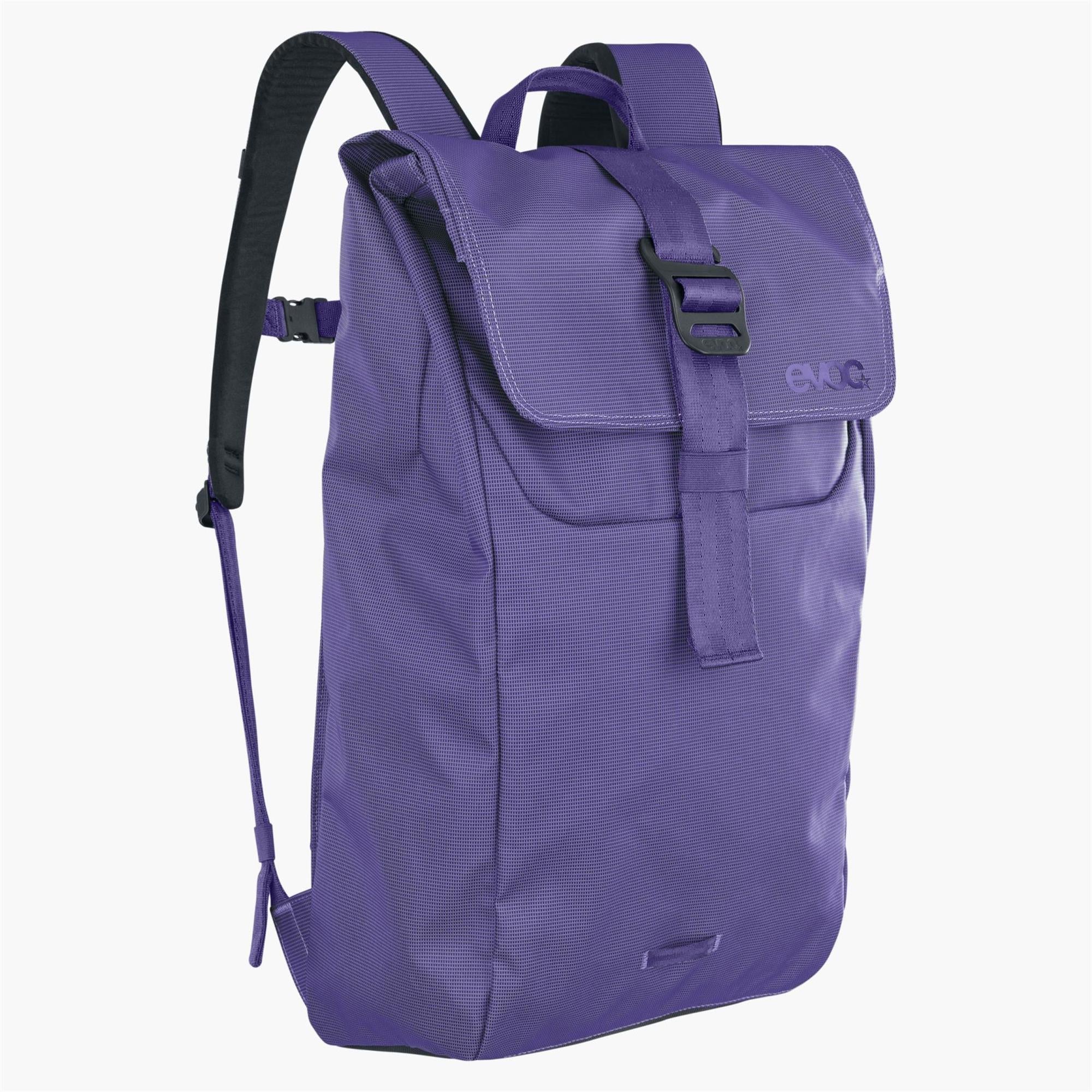 EVOC Duffle Backpack 16L in black, showing adjustable shoulder straps and spacious main compartment for accessories and travel.