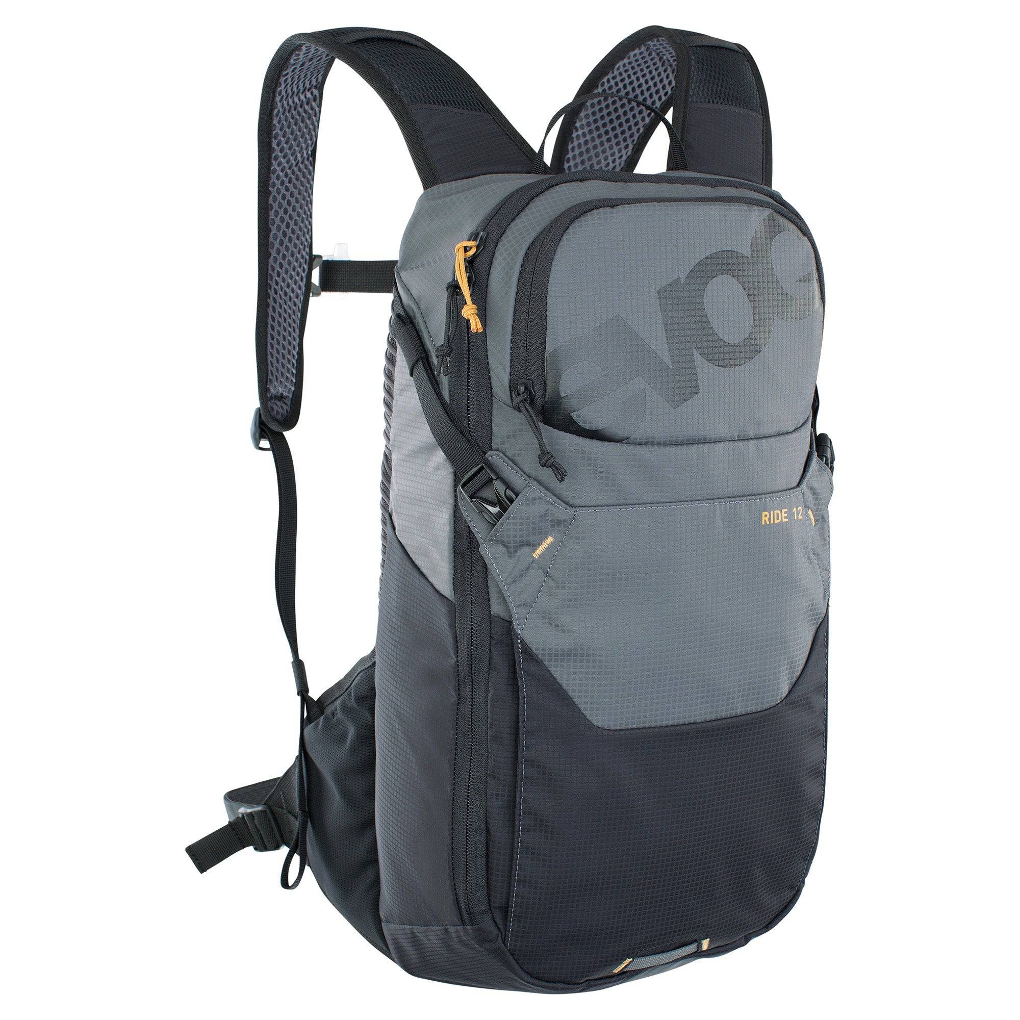 EVOC Ride Performance Backpack 12L with 2L hydration bladder for cycling and daily use, shown with adjustable straps and ergonomic design.