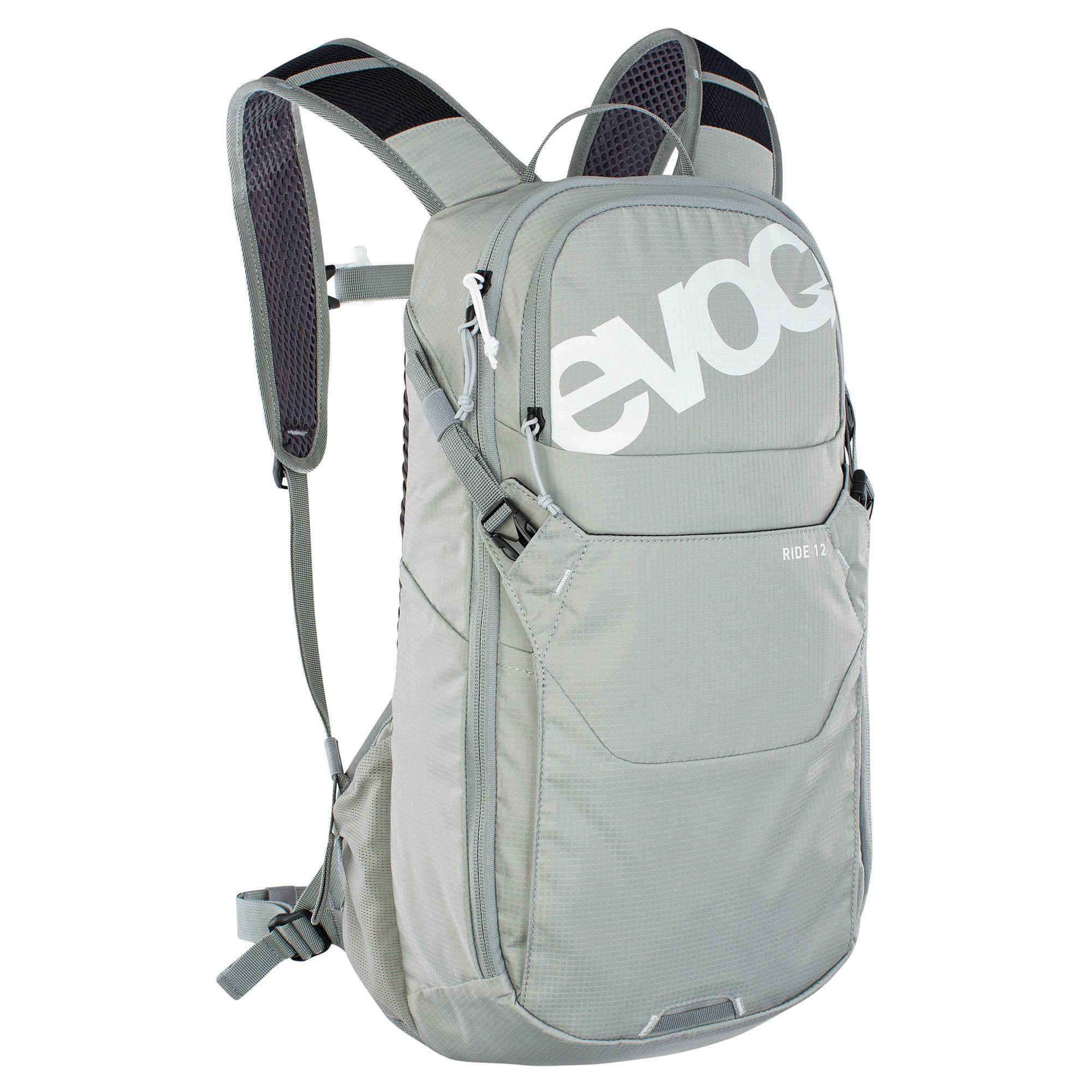 EVOC Ride Performance 12L cycling backpack with 2L hydration bladder, black, designed for cycling and daily use.