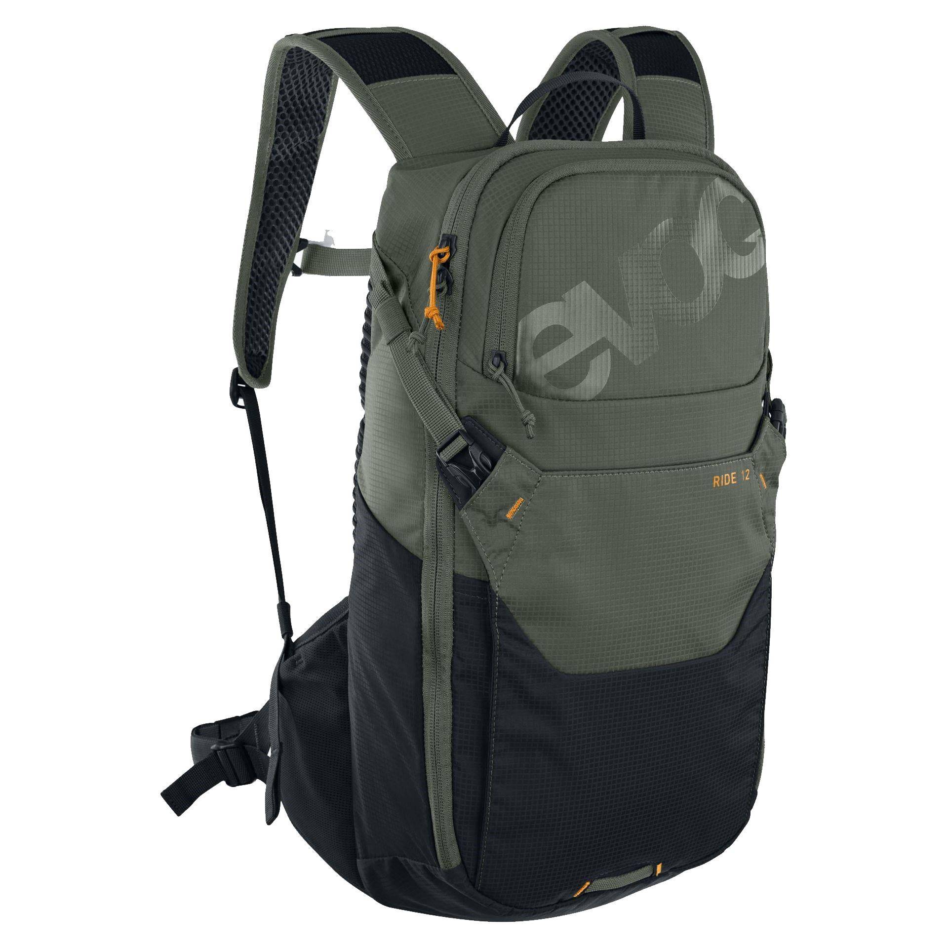 EVOC Ride Performance 12L cycling backpack with 2L hydration bladder, black, featuring adjustable straps and multiple compartments