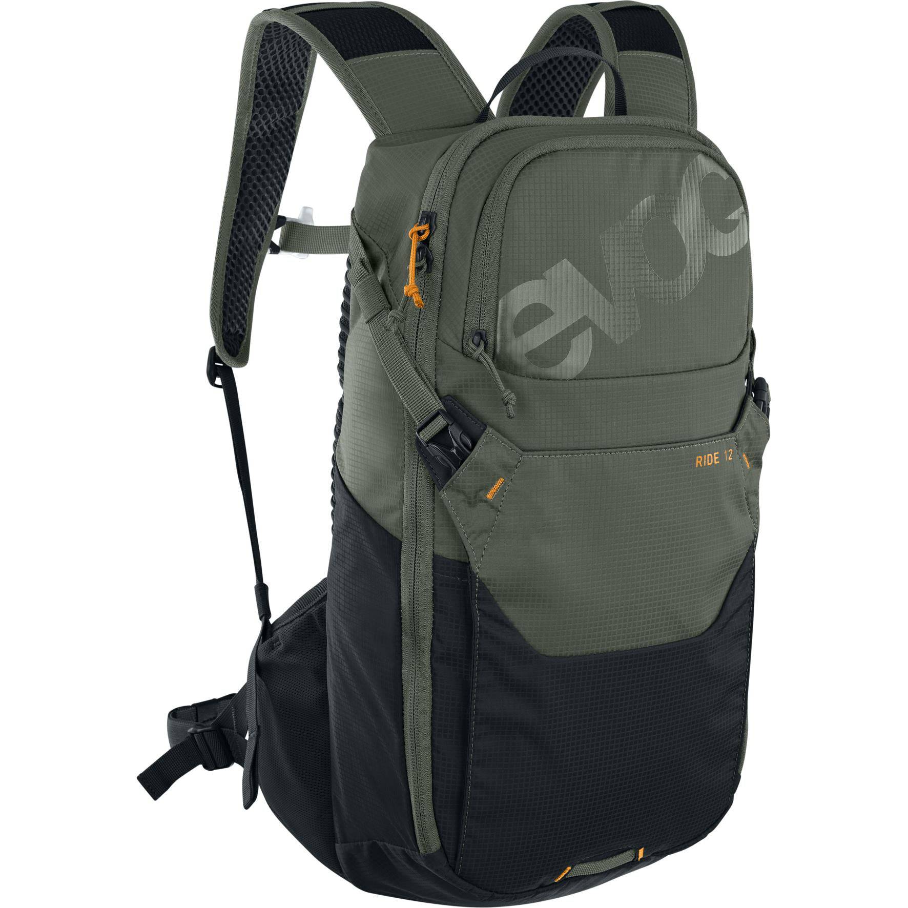 EVOC Ride Performance 12L cycling backpack with hydration system and helmet flap, shown with adjustable straps and multiple compartments.