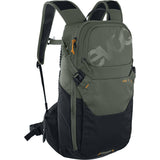EVOC Ride Performance 12L cycling backpack with hydration system and helmet flap, shown with adjustable straps and multiple compartments.