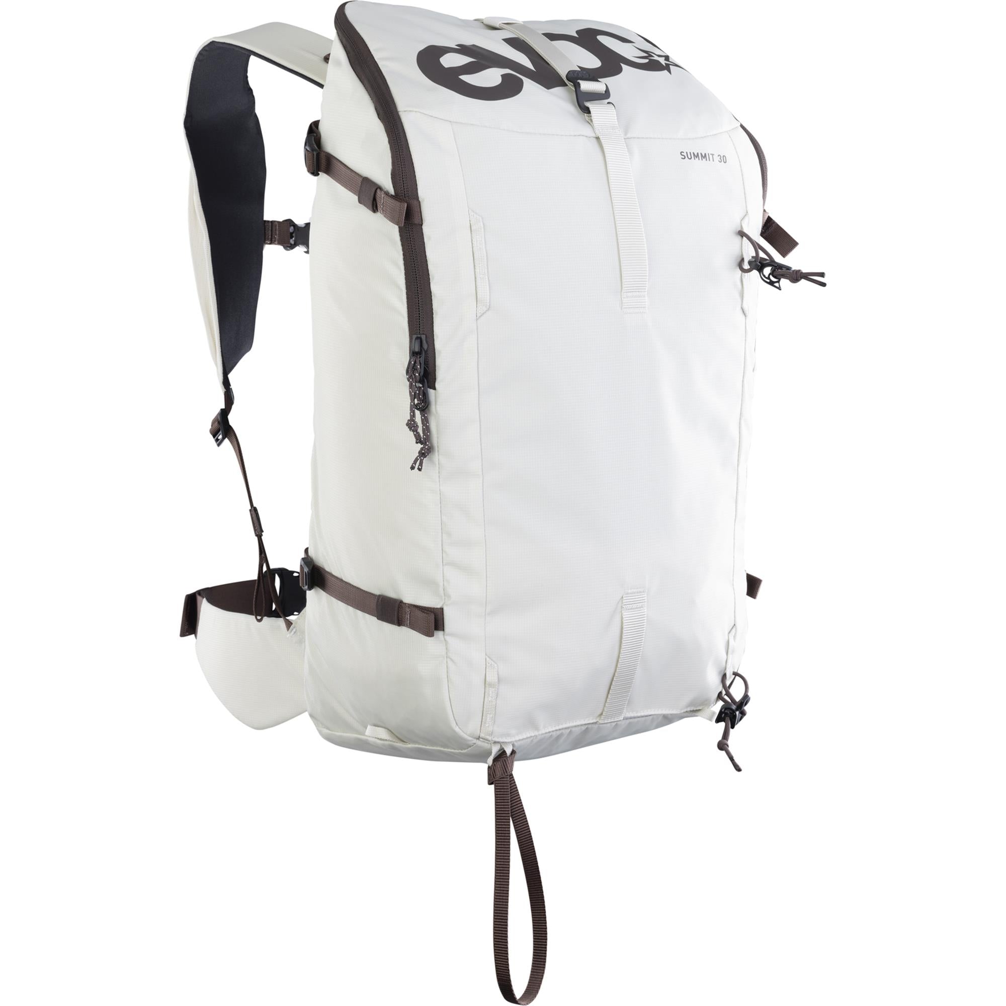 EVOC Summit 30 ski touring backpack with avalanche gear storage and hydration compatibility, shown with gear and straps.
