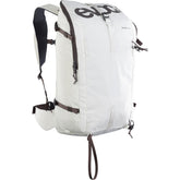 EVOC Summit 30 ski touring backpack with avalanche gear storage and hydration compatibility, shown with gear and straps.