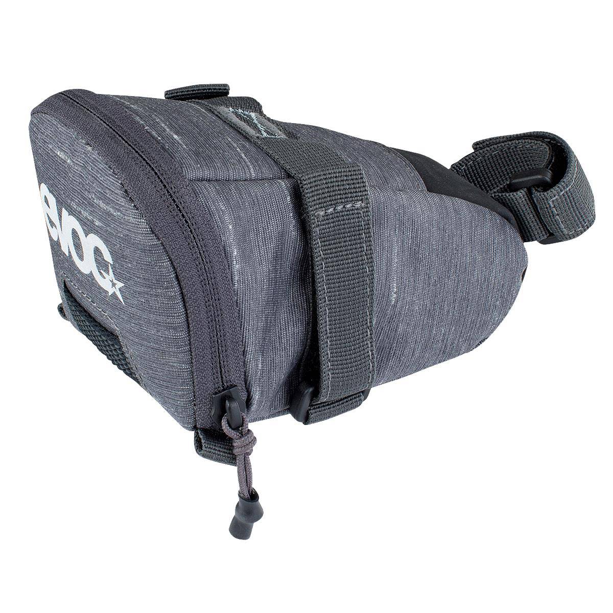 EVOC Seat Bag Tour 0.7L water-repellent saddlebag with reflective print and backlight loop for cycling accessories.