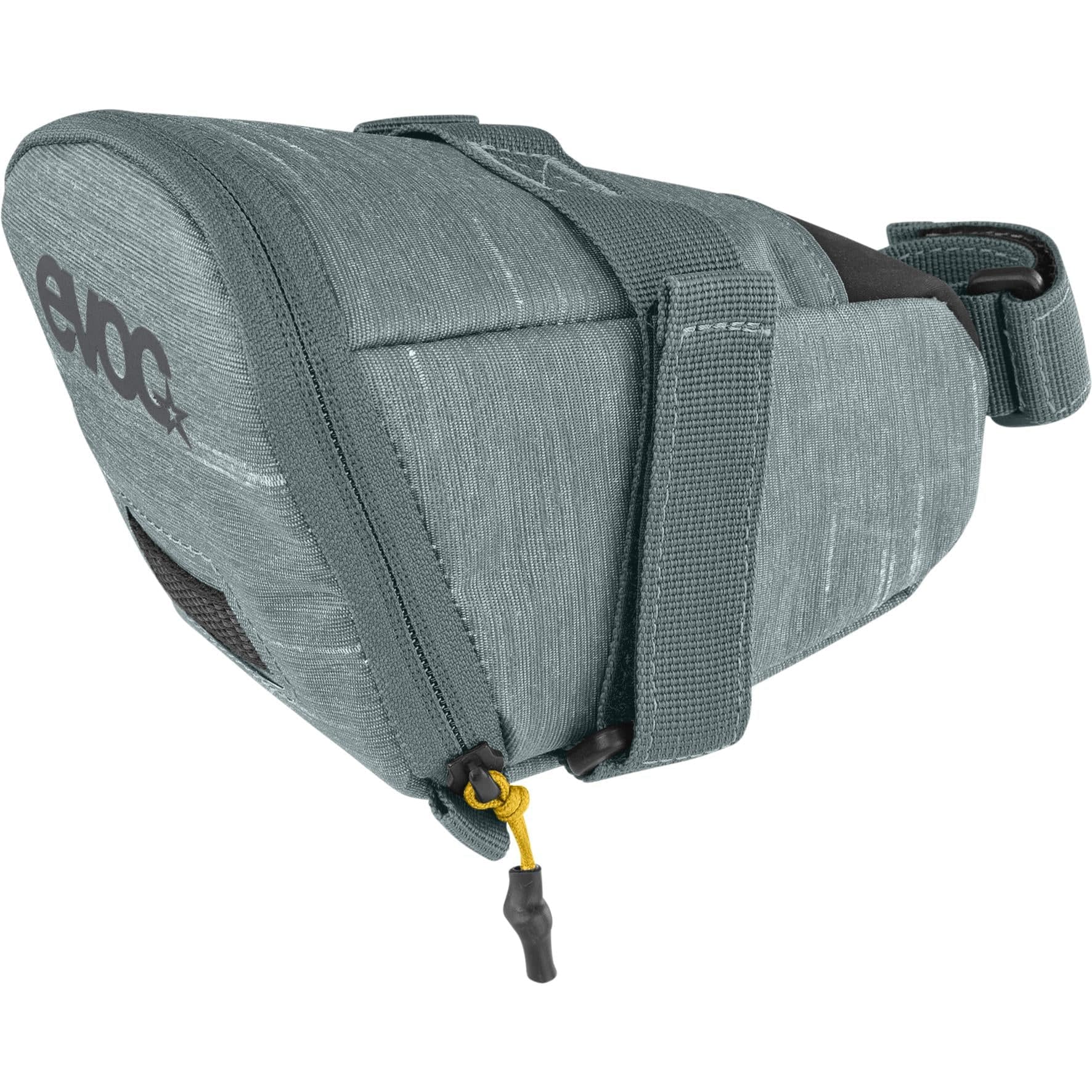 EVOC Seat Bag Tour 0.7L water-repellent saddlebag with reflective print and backlight loop, designed for bike accessories.