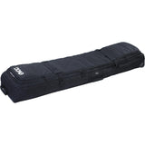 EVOC snow gear roller bag with padded protection and wheels for skis and snowboards, designed for easy transportation.