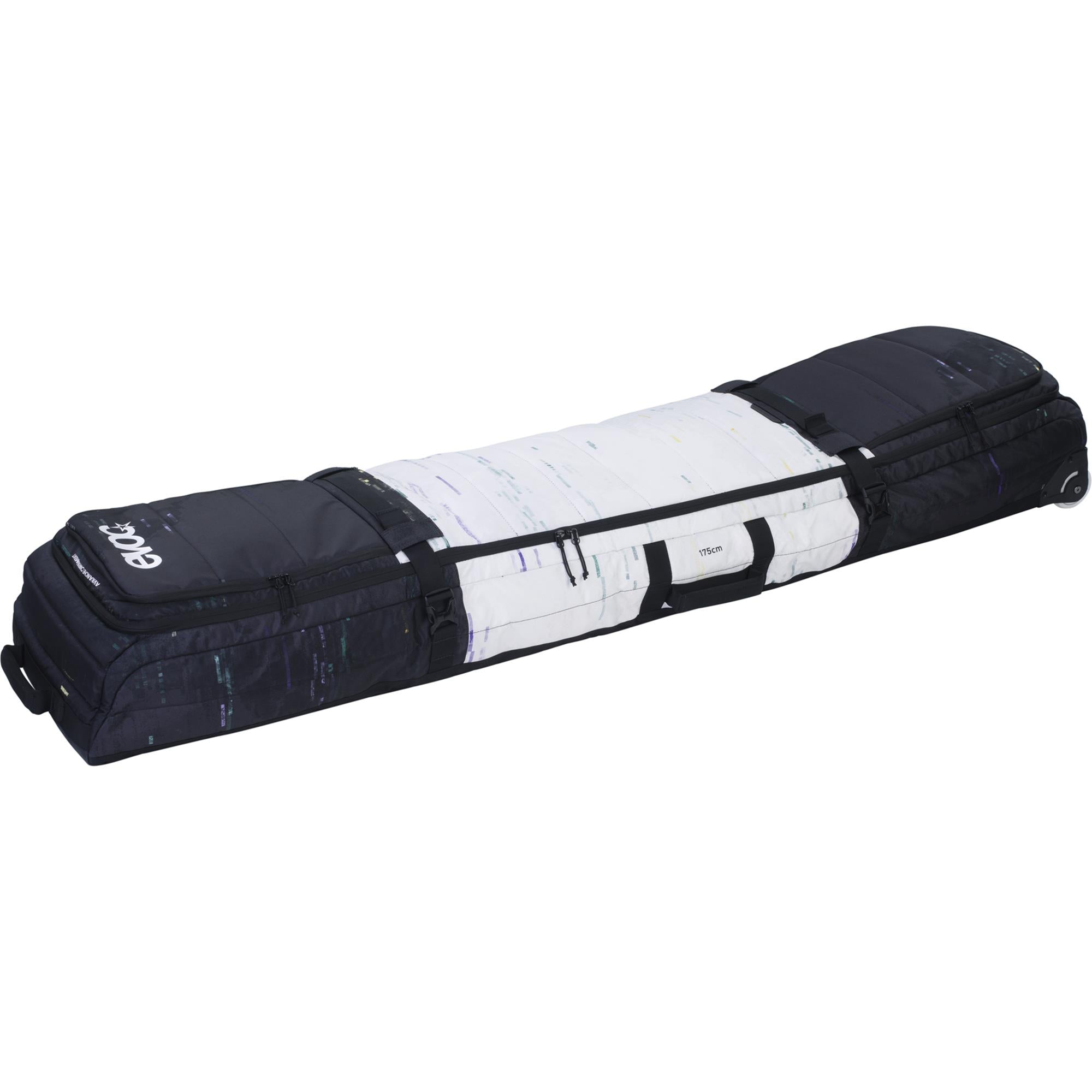 EVOC snow gear roller bag with padded protection, wheels, and handles for skis and snowboards, designed for easy transport.