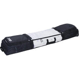 EVOC snow gear roller bag with padded protection, wheels, and handles for skis and snowboards, designed for easy transport.