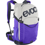 EVOC Stage 18 MTB backpack in sand and violet with hydration system and helmet holder, designed for mountain biking.