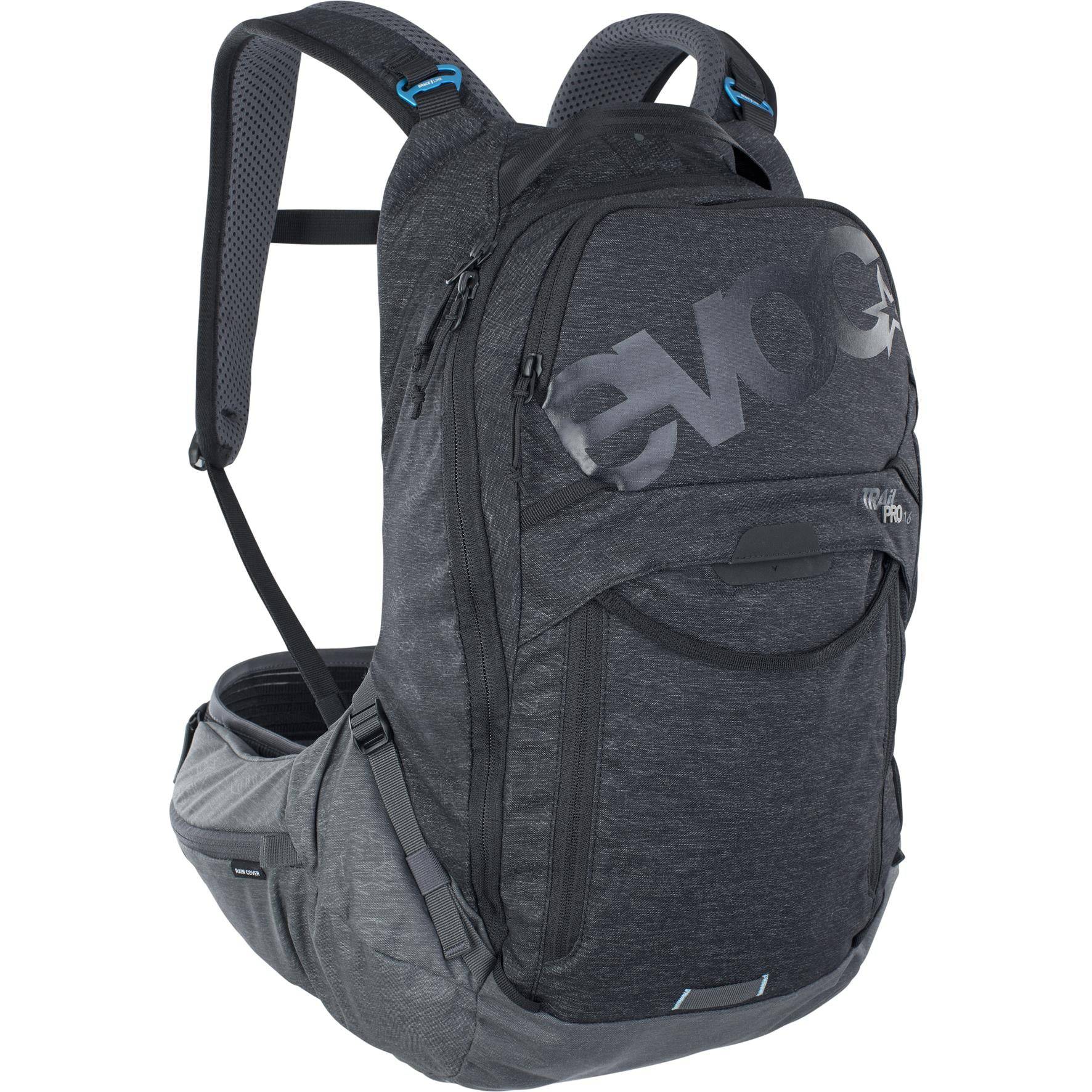 EVOC Trail Pro 16L backpack with Level 2 LITESHIELD back protector, designed for trail riding and outdoor cycling accessories.