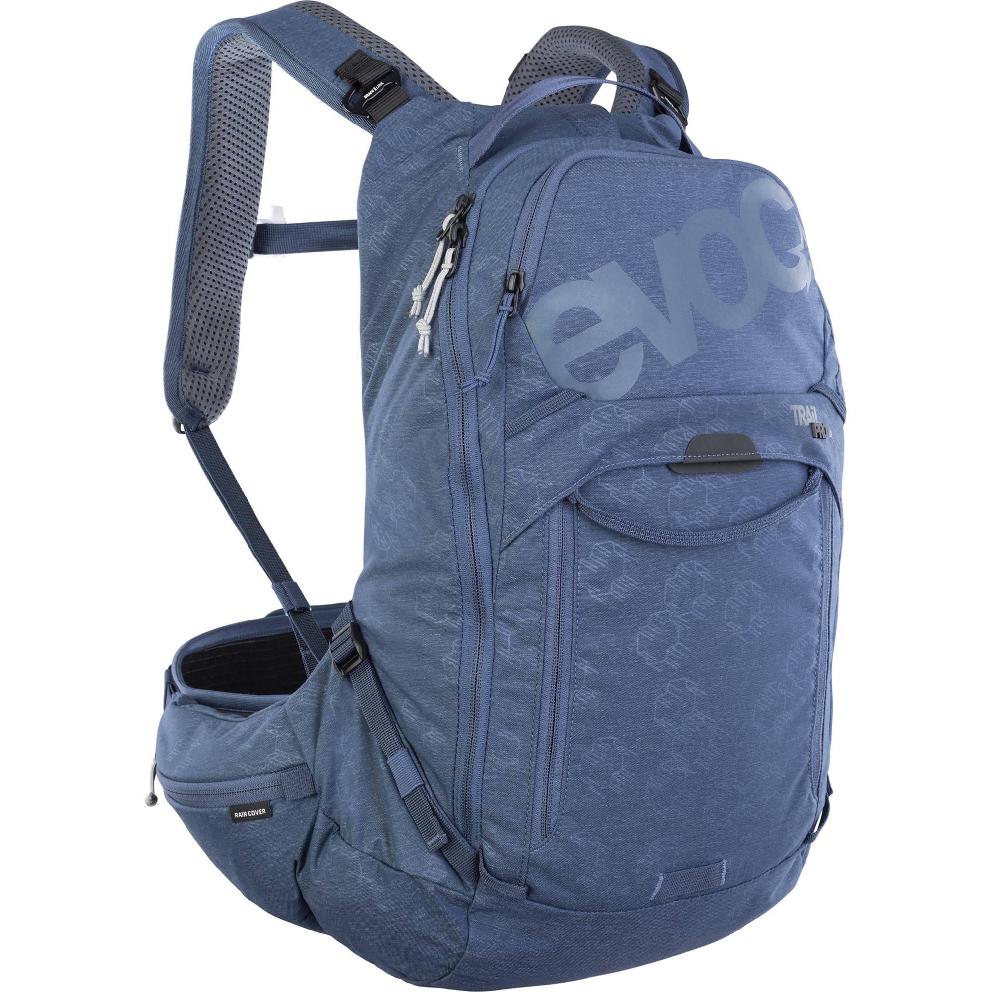 EVOC Trail Pro 16L backpack with Level 2 LITESHIELD back protector for trail riding, shown with straps and protective padding.