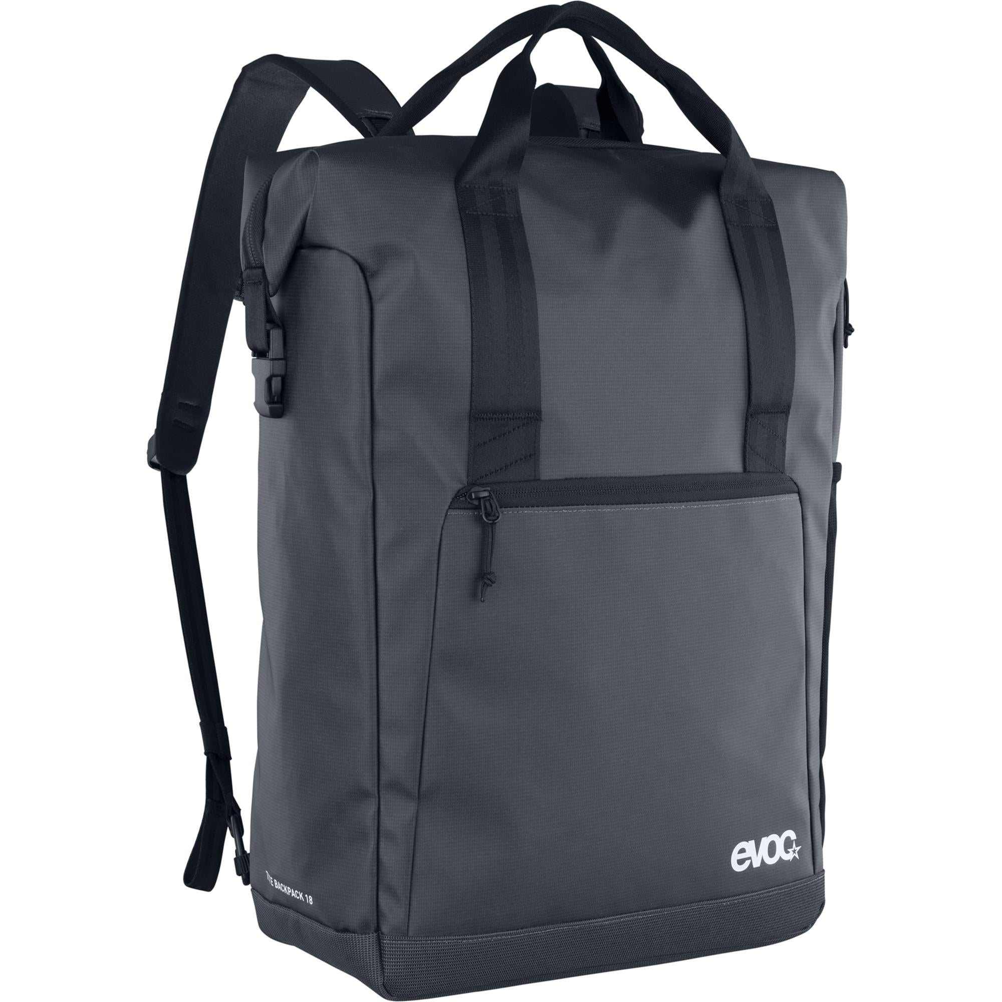 EVOC Tote Backpack 18L with laptop compartment, stylish and durable everyday travel bag in black with multiple accessory pockets.