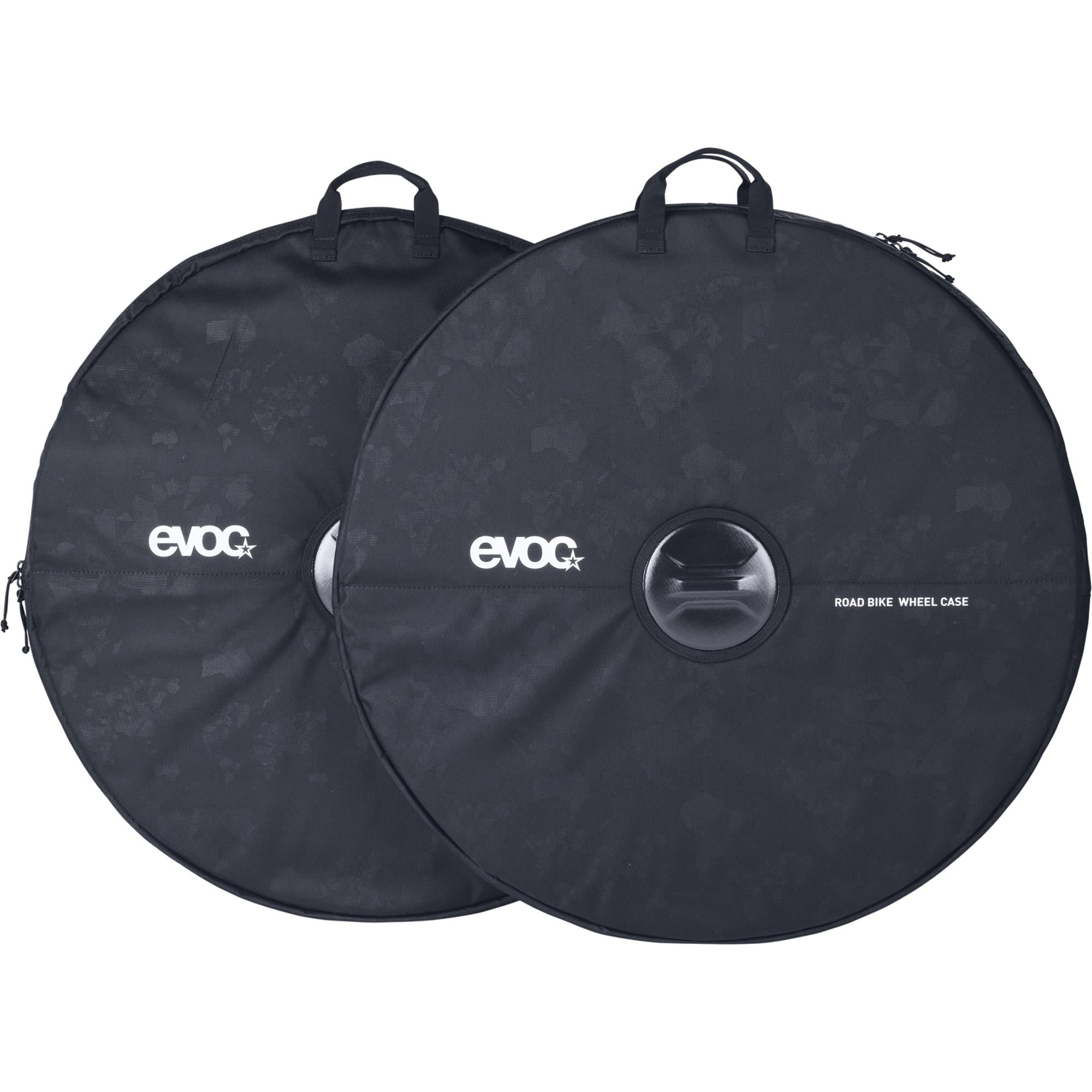 EVOC Road Bike Wheel Case set with reinforced axle protection and carry handles for secure transport of bike wheels.