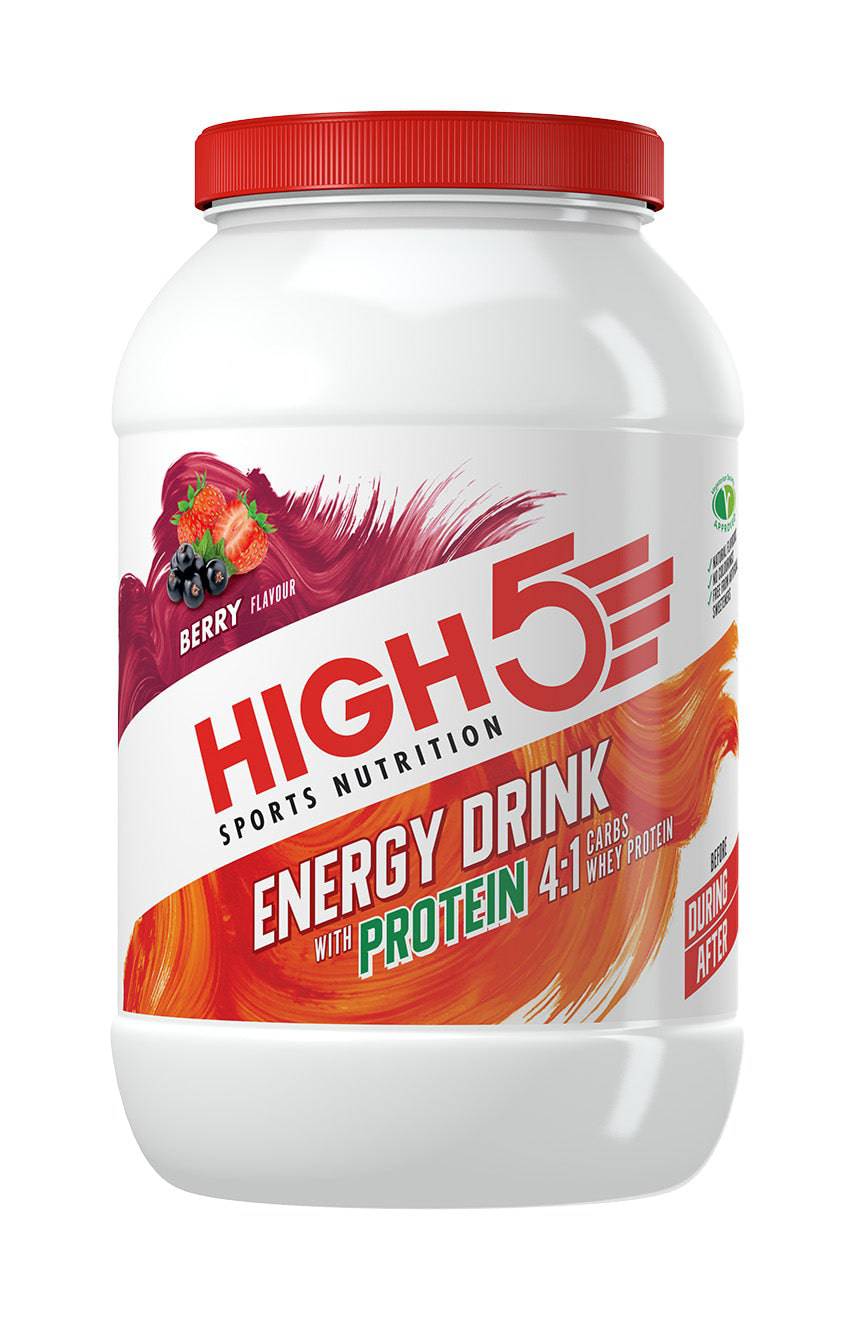 High5 Energy Drink Protein Tub 1.6kg with berry flavor, endurance and muscle recovery formula, shown from the front view.