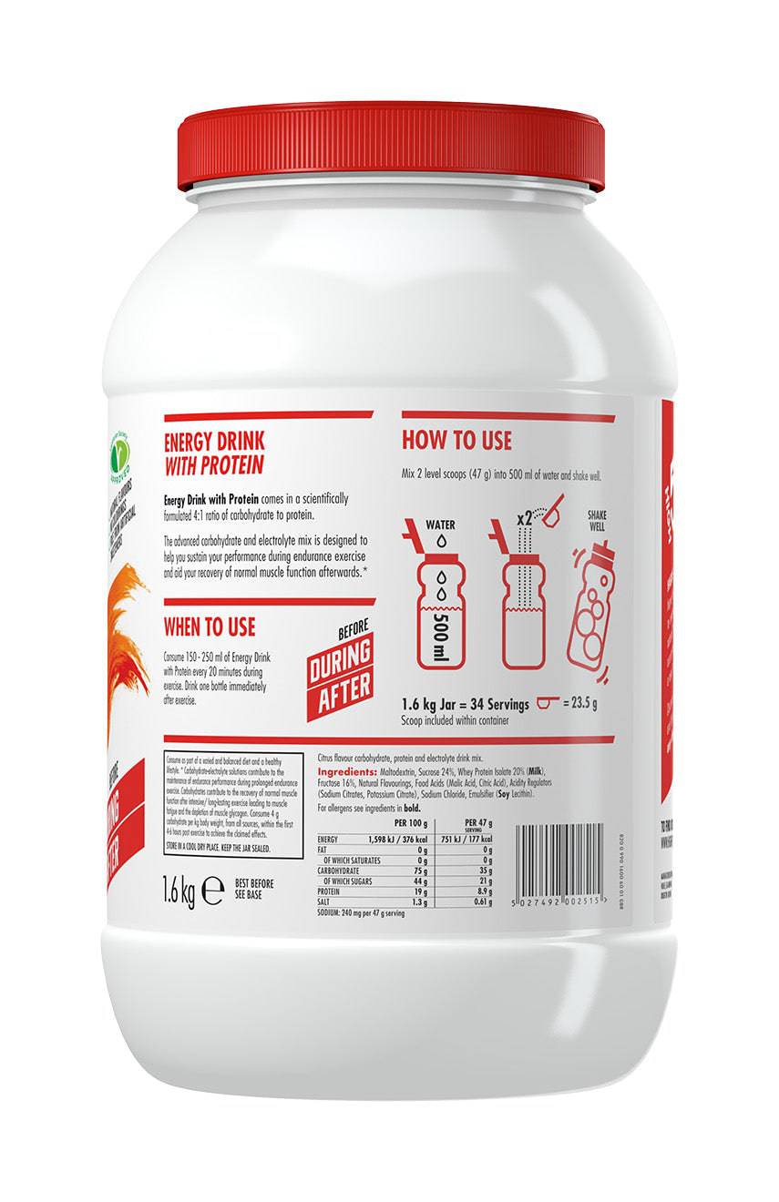 High5 energy drink protein tub with citrus flavor, 1.6kg, designed for endurance and muscle recovery, showing the product container.