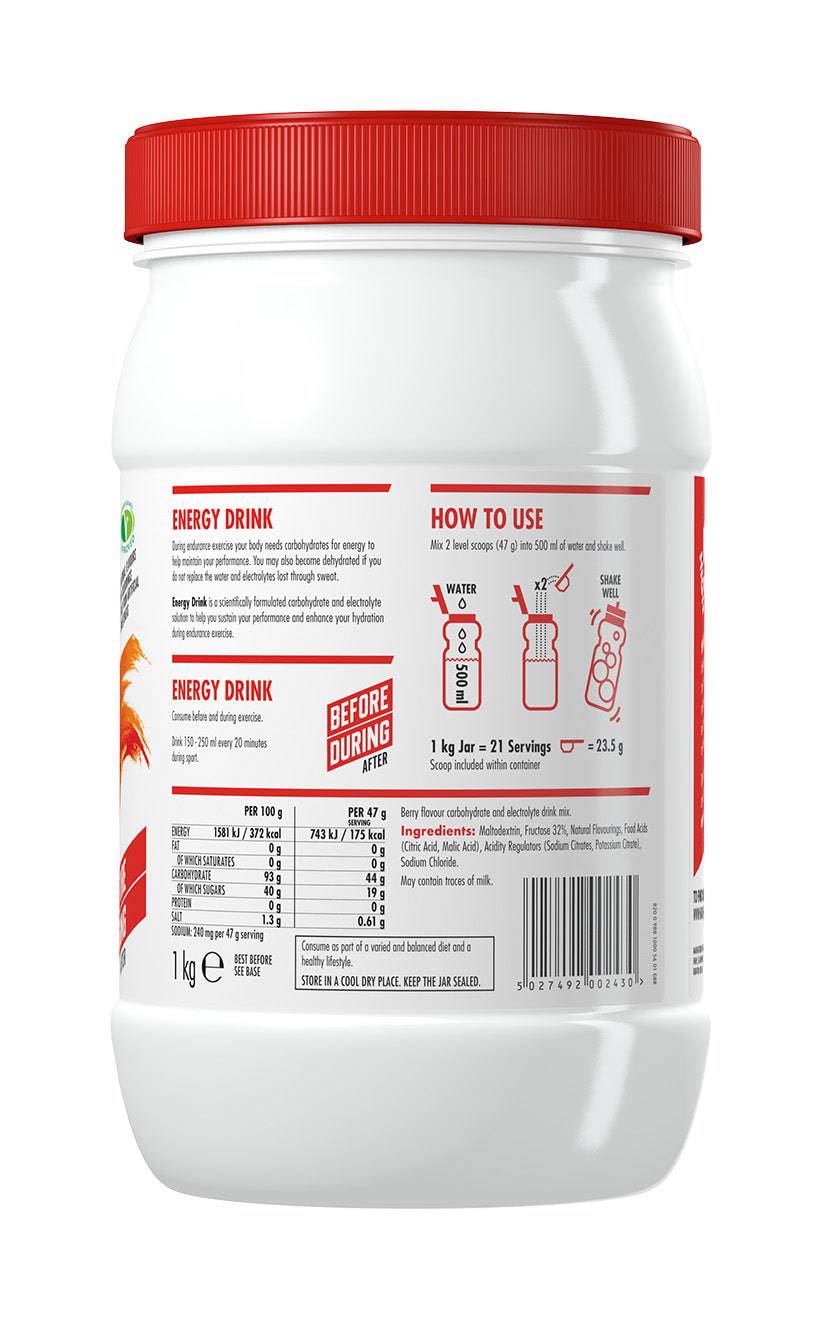 High5 Berry Energy Drink Tub 1kg for endurance sports, featuring carb and electrolyte mix in a large plastic container.